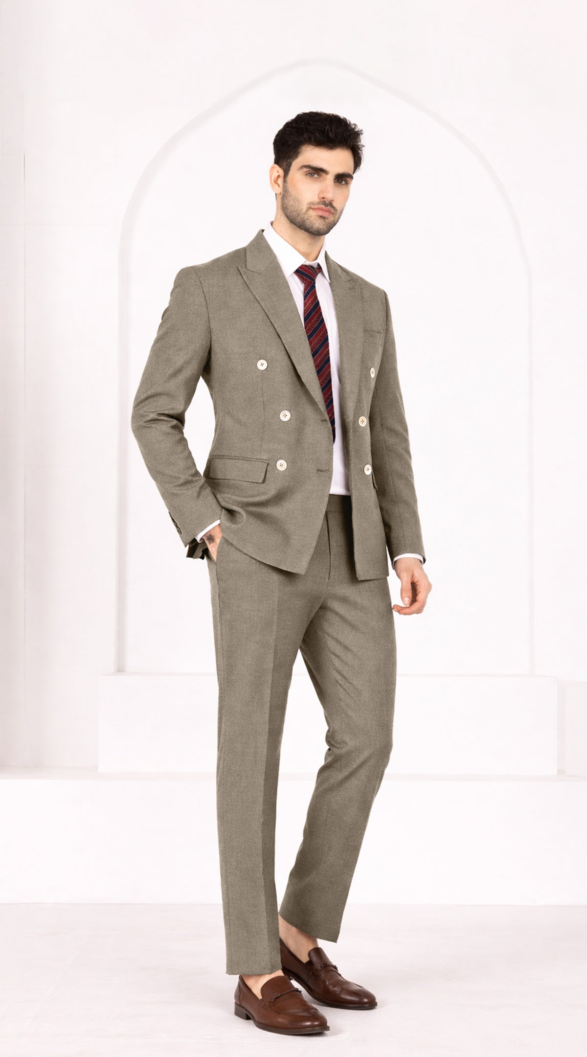 Makara Brown Worsted Wool 4 Way Stretch Wrinkle Free Fluid Drape Fabric Double Breasted Suit