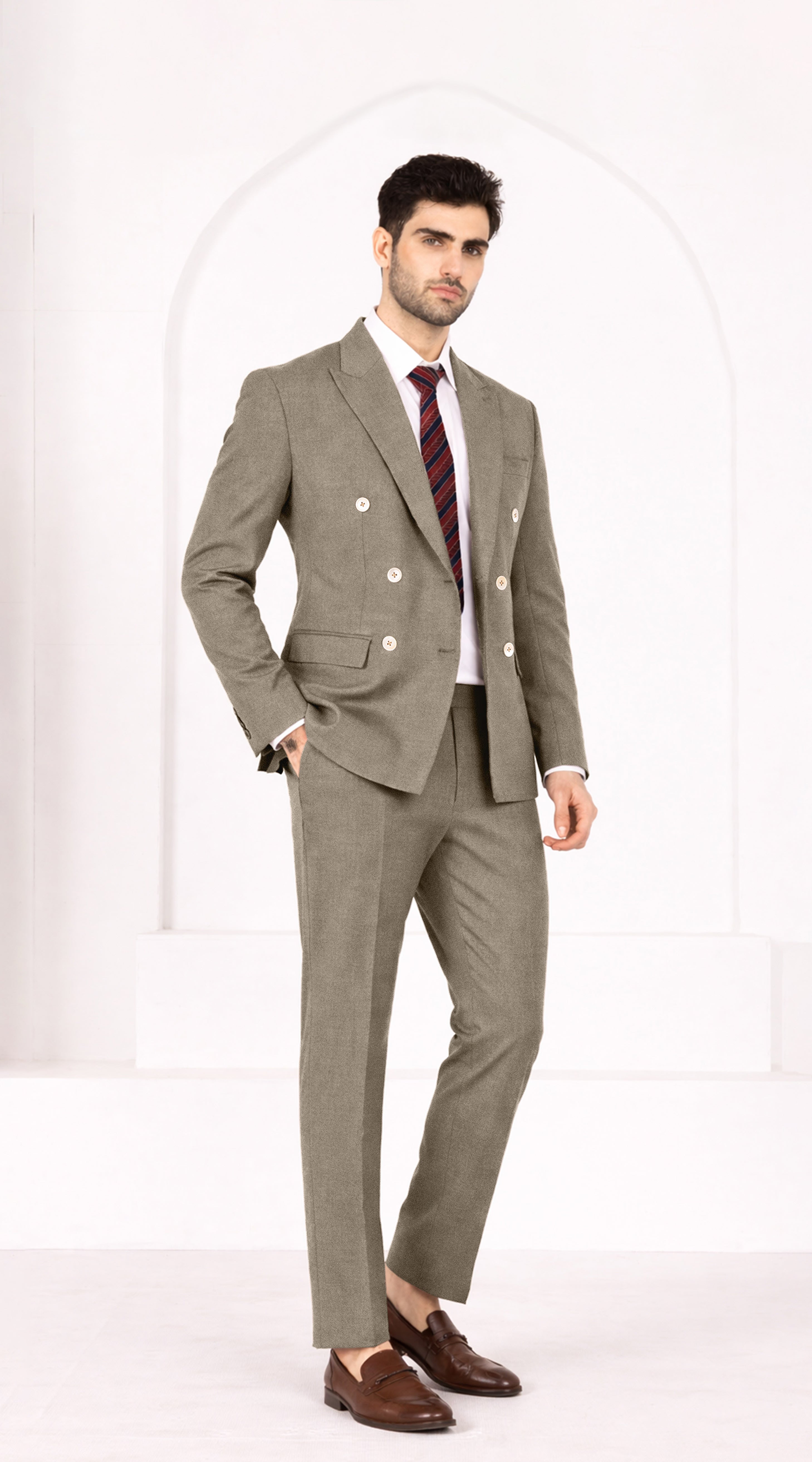 Makara Brown Worsted Wool 4 Way Stretch Wrinkle Free Fluid Drape Fabric Double Breasted Suit