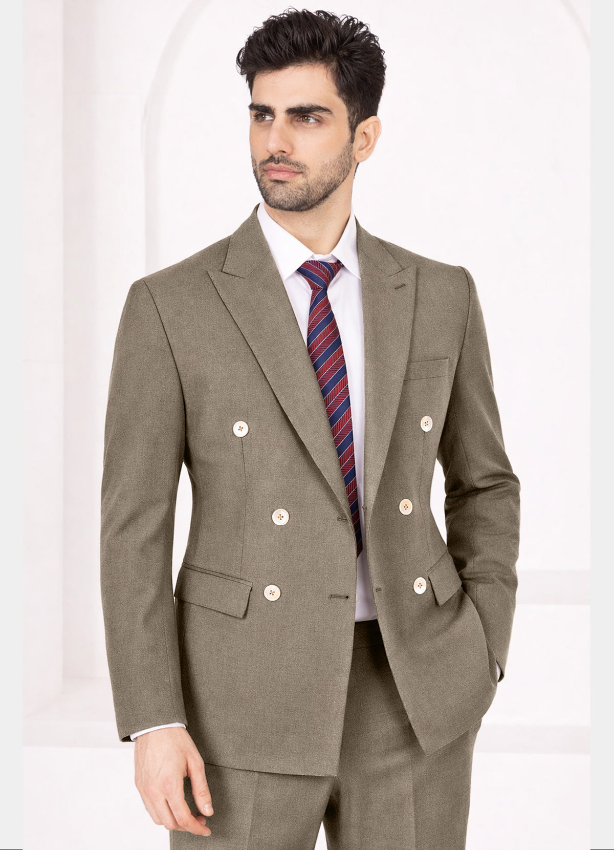 Makara Brown Worsted Wool 4 Way Stretch Wrinkle Free Fluid Drape Fabric Double Breasted Suit