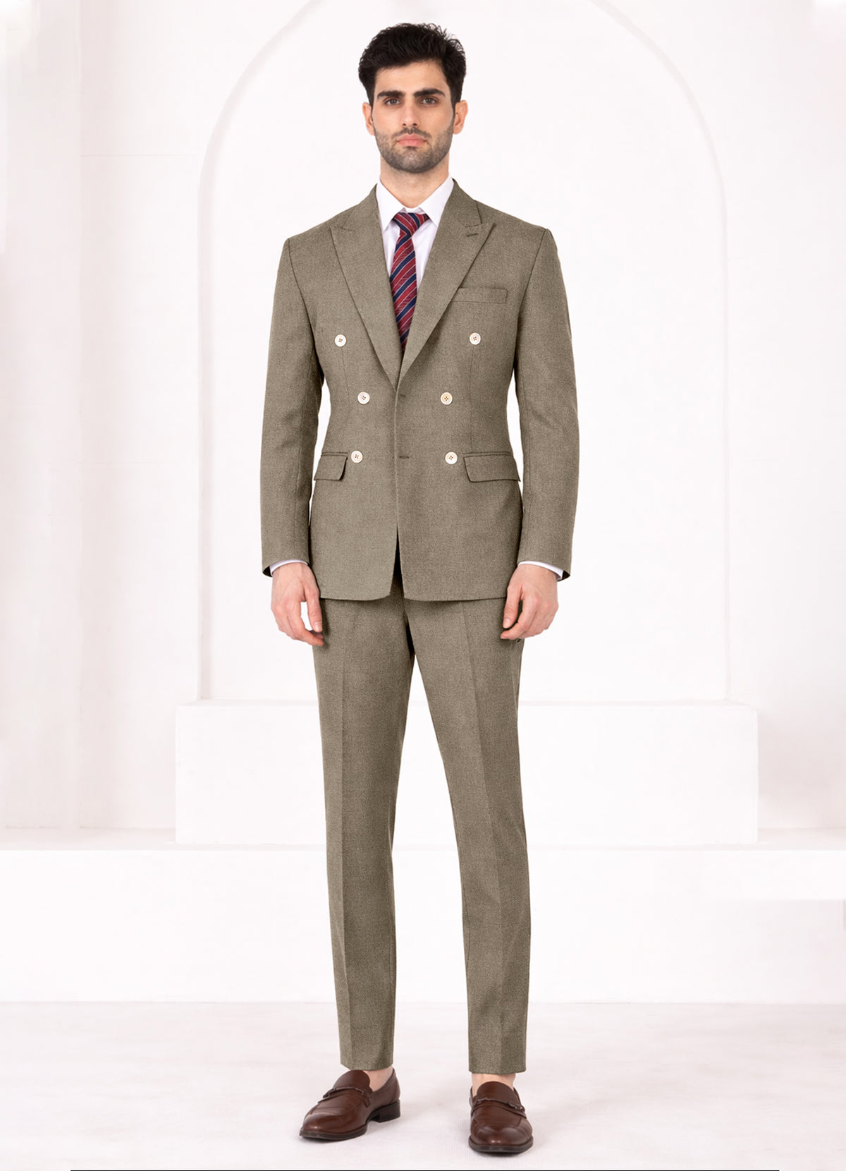 Makara Brown Worsted Wool 4 Way Stretch Wrinkle Free Fluid Drape Fabric Double Breasted Suit