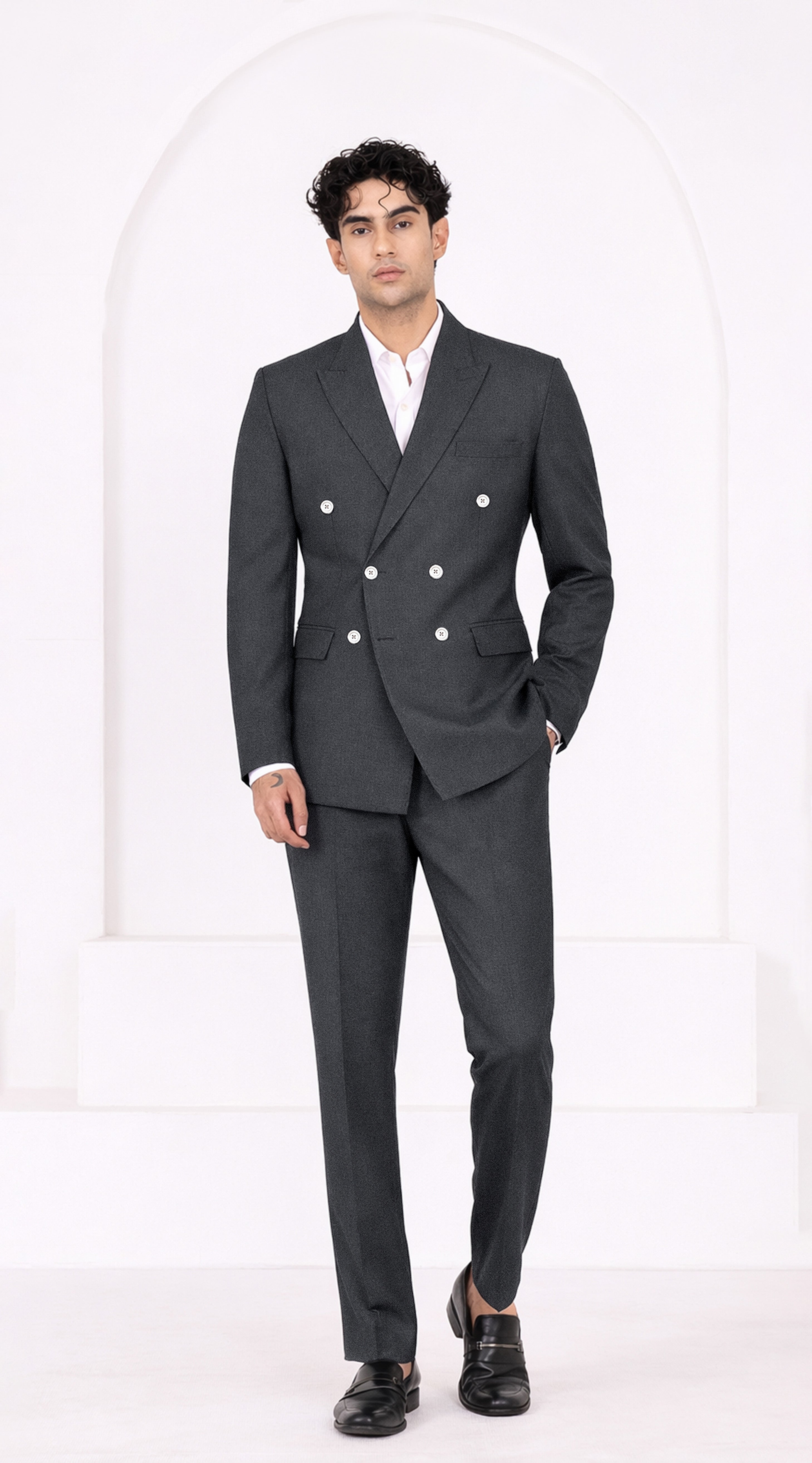 Charcoal Gray Worsted Wool 4 Way Stretch Wrinkle Free Fluid Drape Fabric Double Breasted Suit