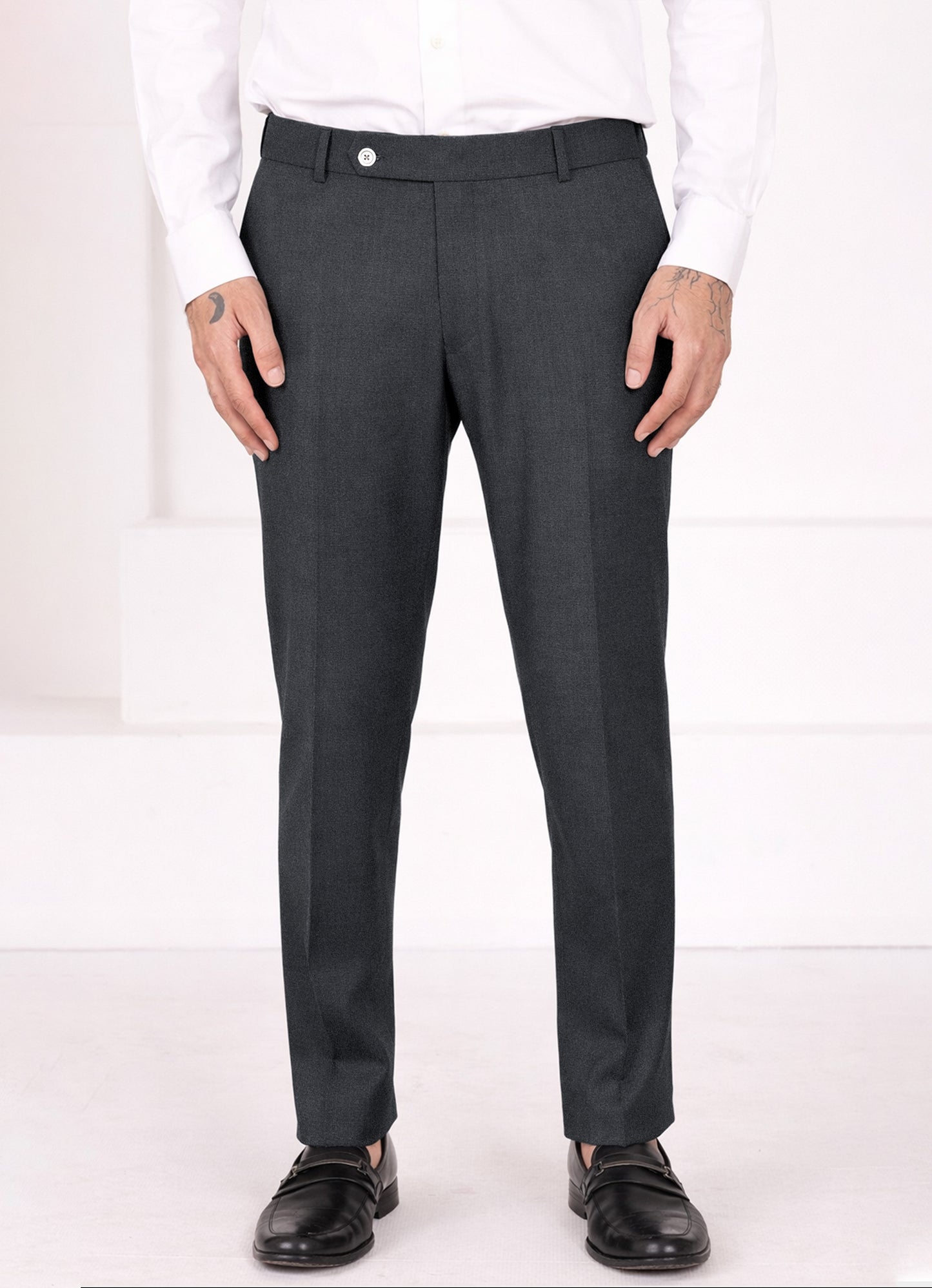Charcoal Gray Worsted Wool 4 Way Stretch Wrinkle Free Fluid Drape Fabric Double Breasted Suit