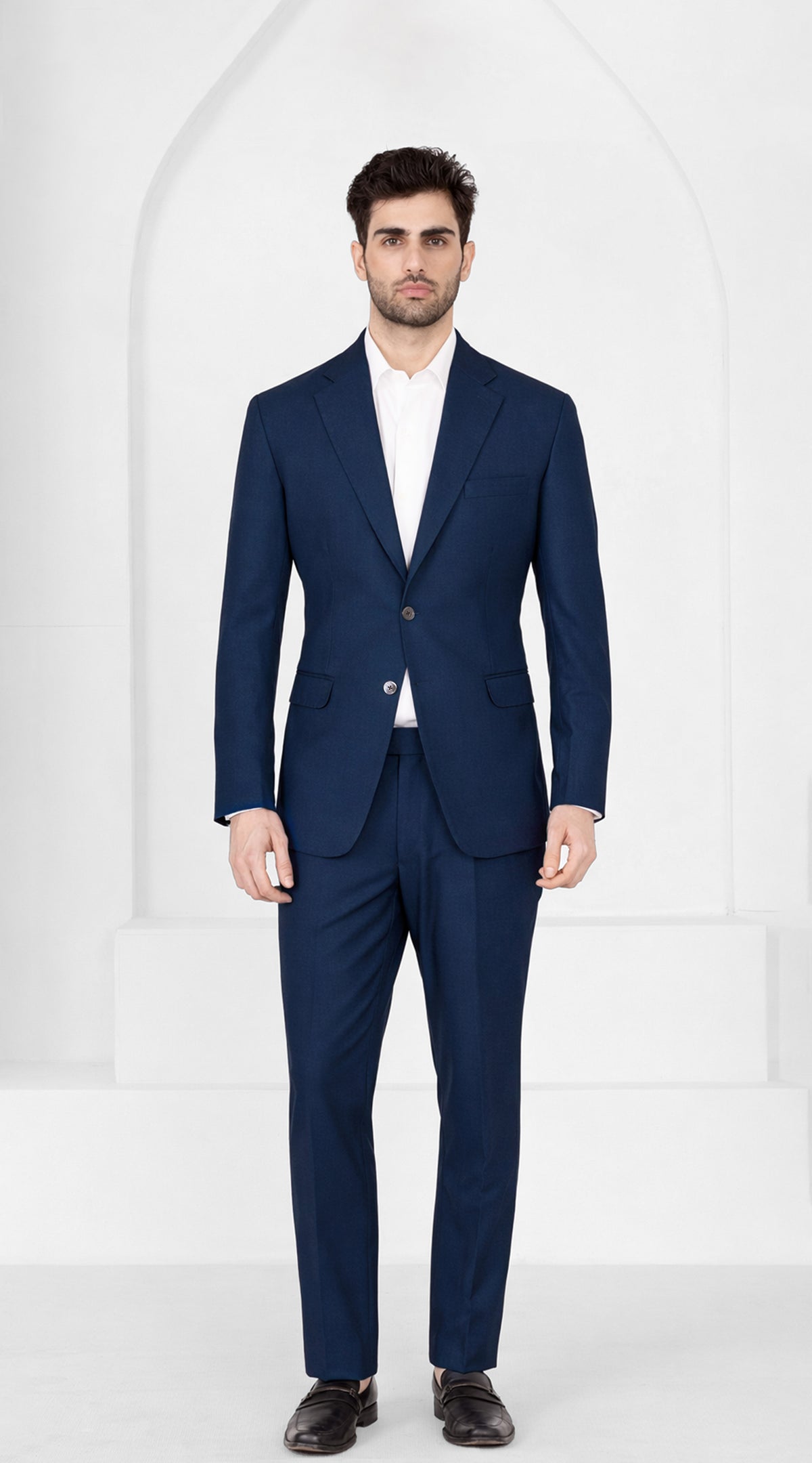 Mirage Blue Worsted Wool 4 Way Stretch Wrinkle Free Fluid Drape Fabric Single Breasted Suit