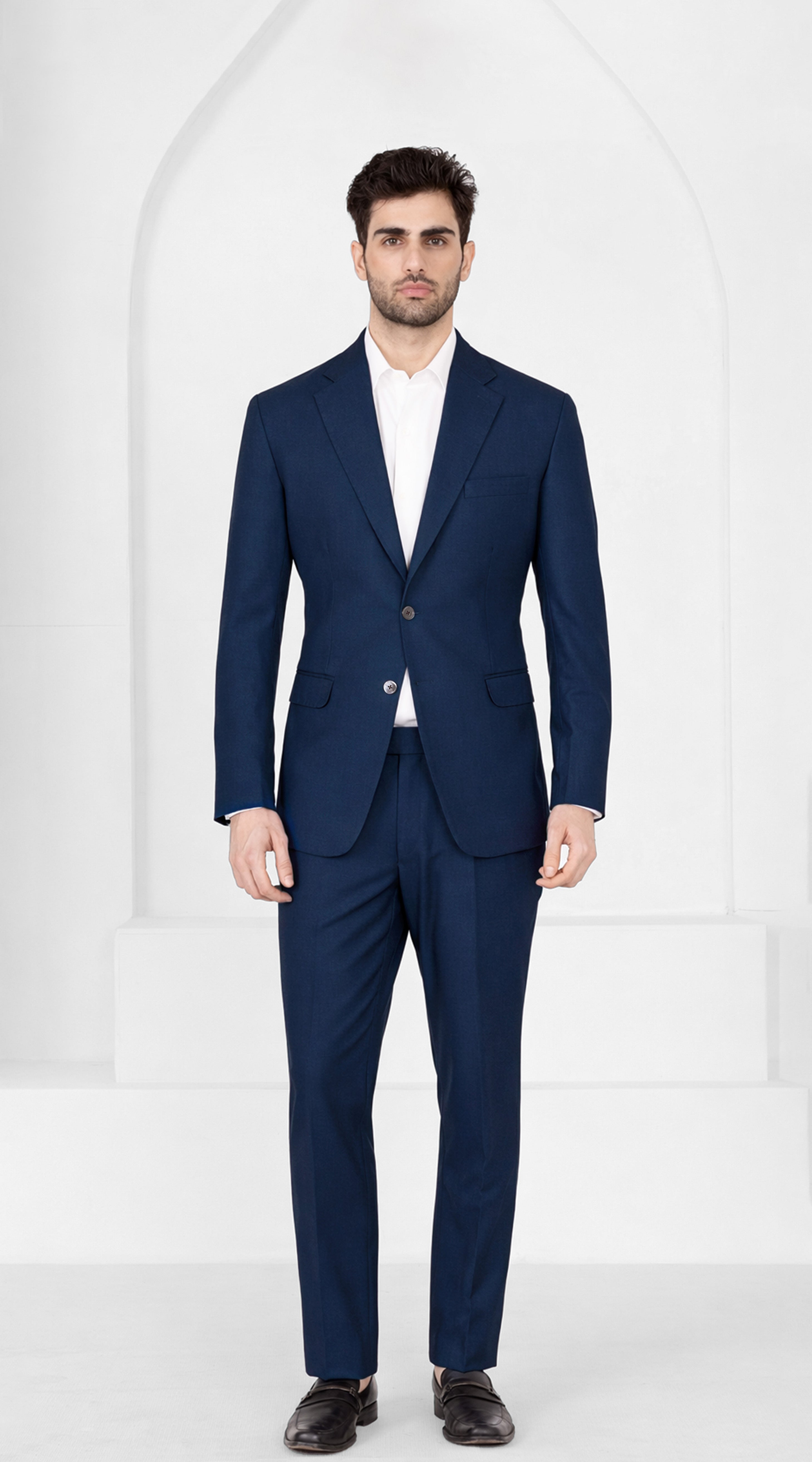 Mirage Blue Worsted Wool 4 Way Stretch Wrinkle Free Fluid Drape Fabric Single Breasted Suit
