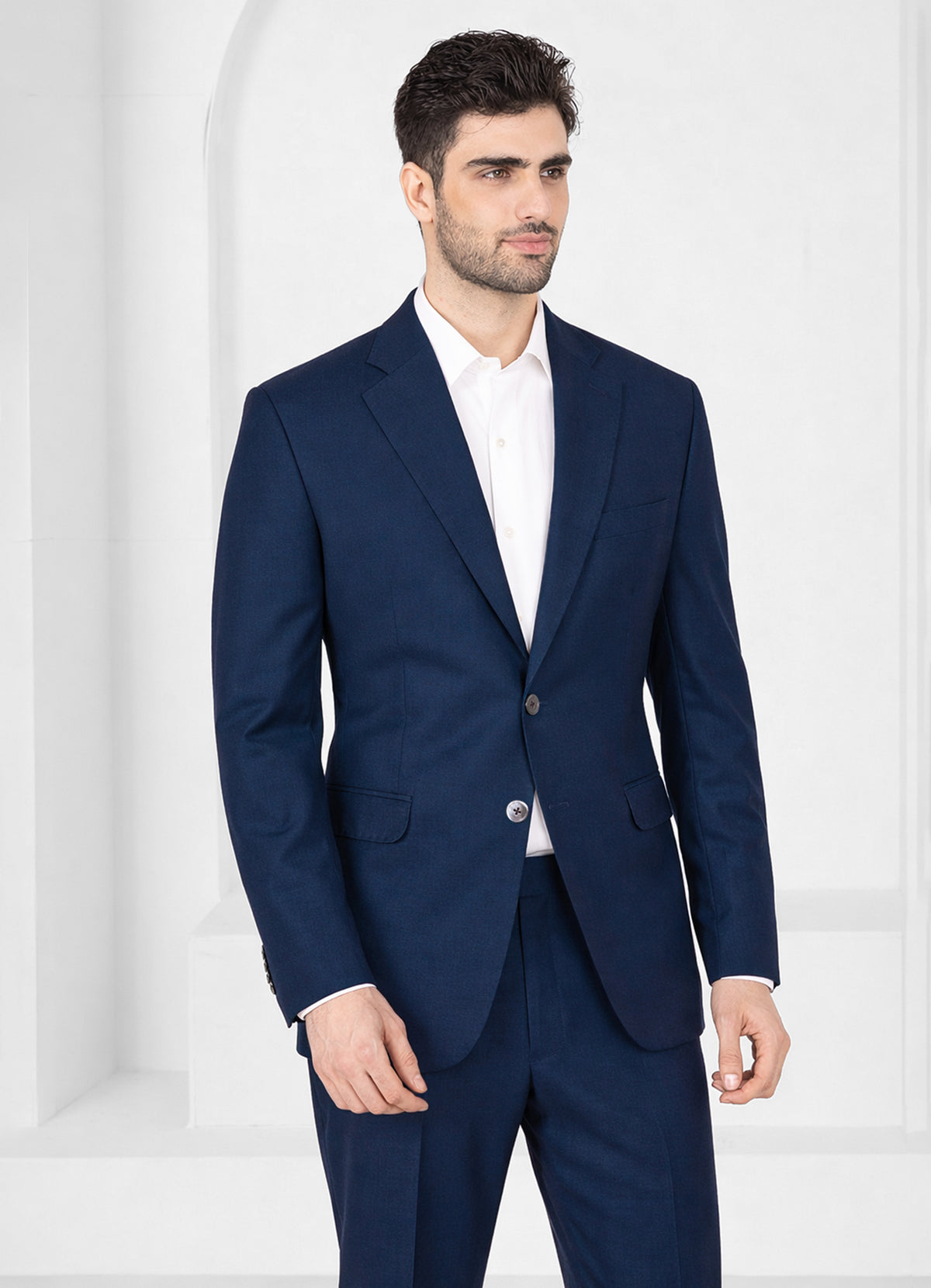 Mirage Blue Worsted Wool 4 Way Stretch Wrinkle Free Fluid Drape Fabric Single Breasted Suit