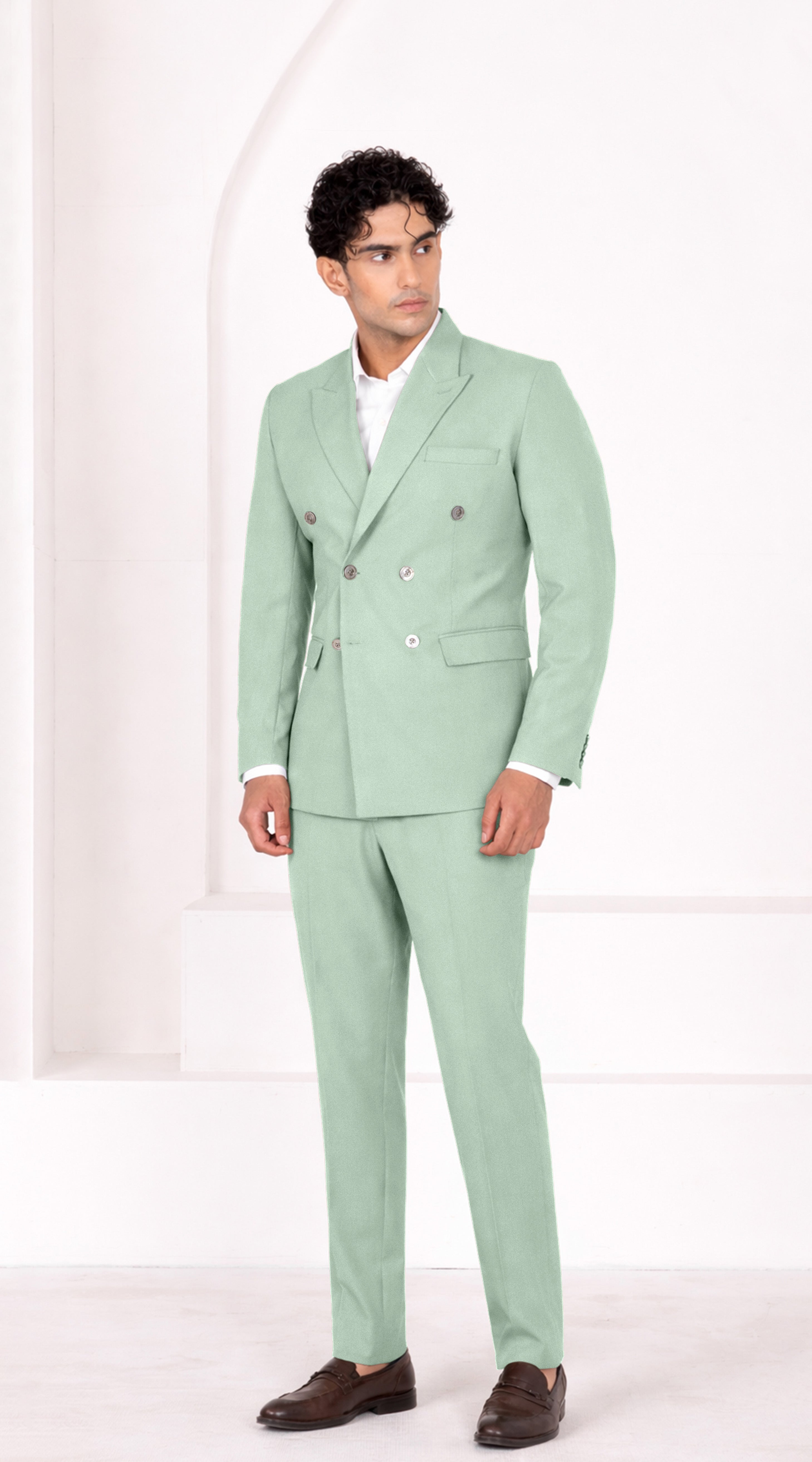 Surf Green Worsted Wool 4 Way Stretch Wrinkle Free Fluid Drape Fabric Double Breasted Suit