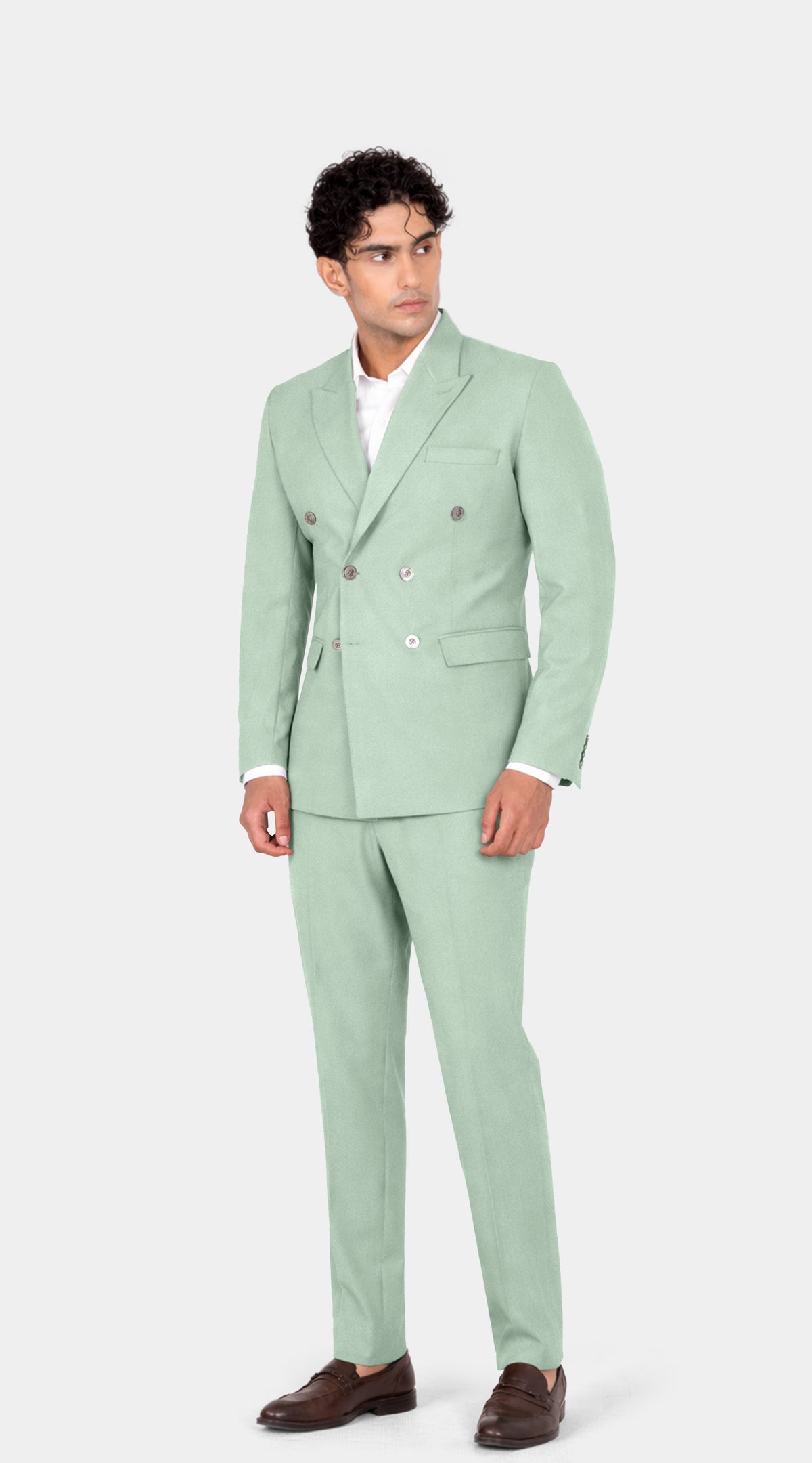 Surf Green Worsted Wool 4 Way Stretch Wrinkle Free Fluid Drape Fabric Double Breasted Suit