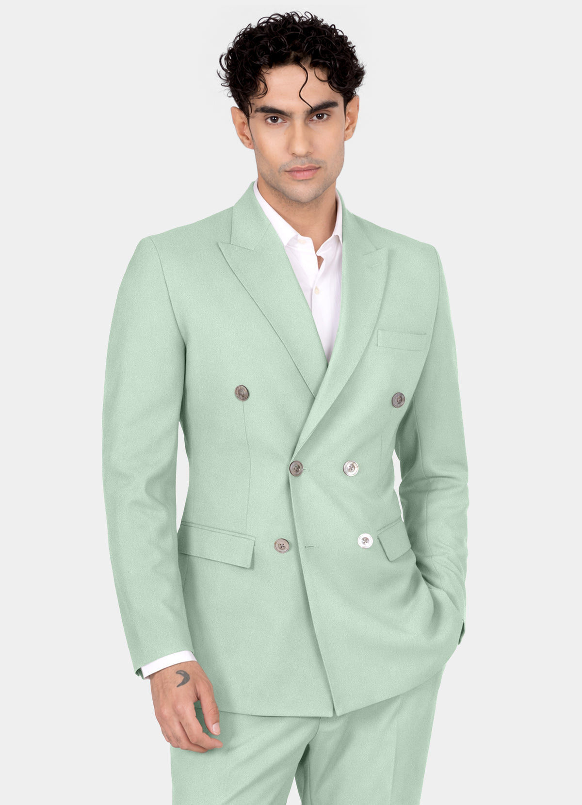 Surf Green Worsted Wool 4 Way Stretch Wrinkle Free Fluid Drape Fabric Double Breasted Suit