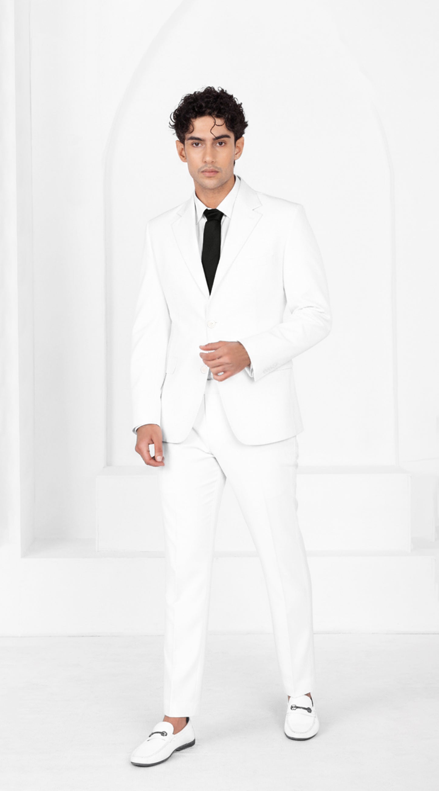 Off White Worsted Wool 4 Way Stretch Wrinkle Free Fluid Drape Fabric Single Breasted Suit
