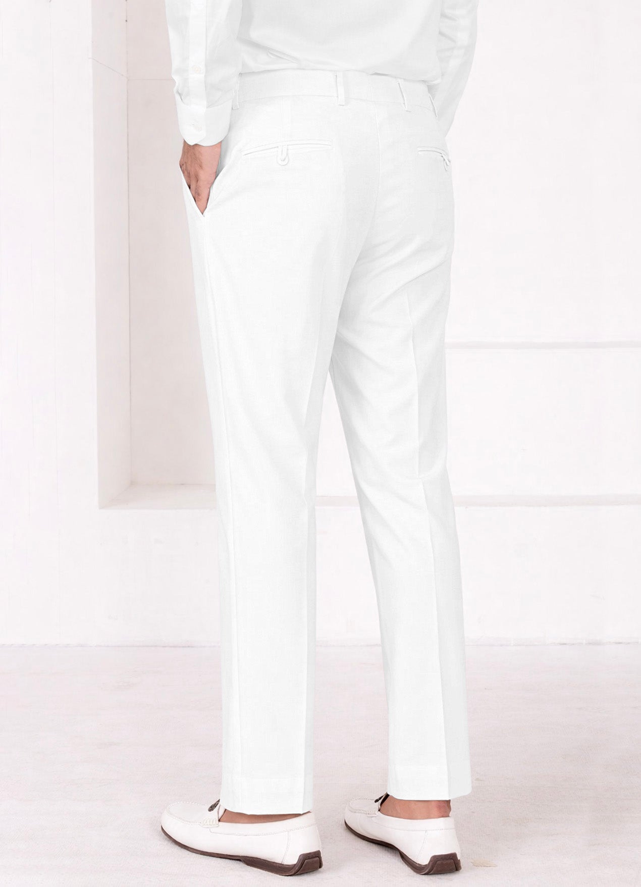 Off White Worsted Wool 4 Way Stretch Wrinkle Free Fluid Drape Fabric Single Breasted Suit