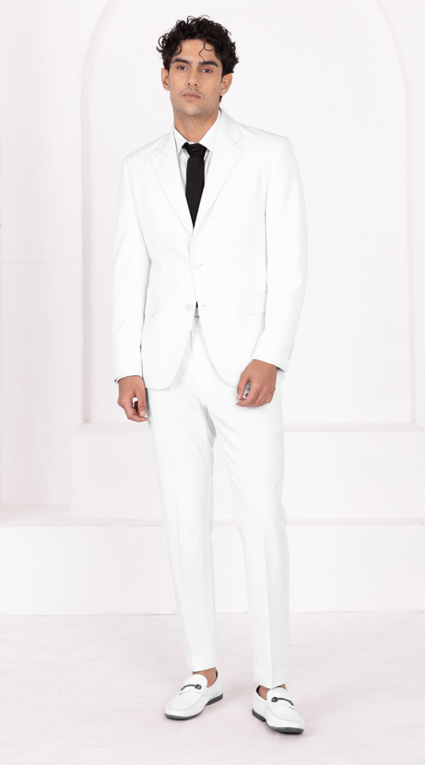 Off White Worsted Wool 4 Way Stretch Wrinkle Free Fluid Drape Fabric Single Breasted Suit