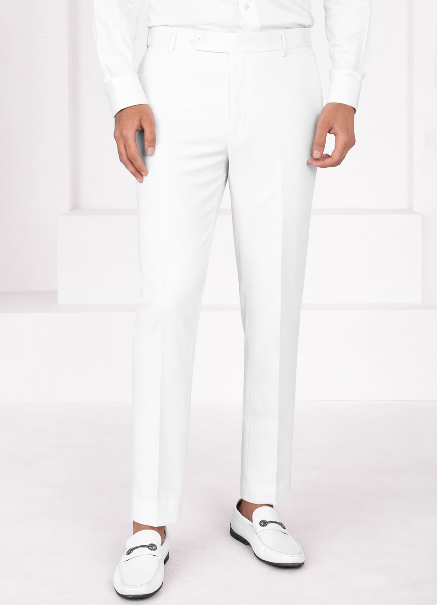 Off White Worsted Wool 4 Way Stretch Wrinkle Free Fluid Drape Fabric Single Breasted Suit