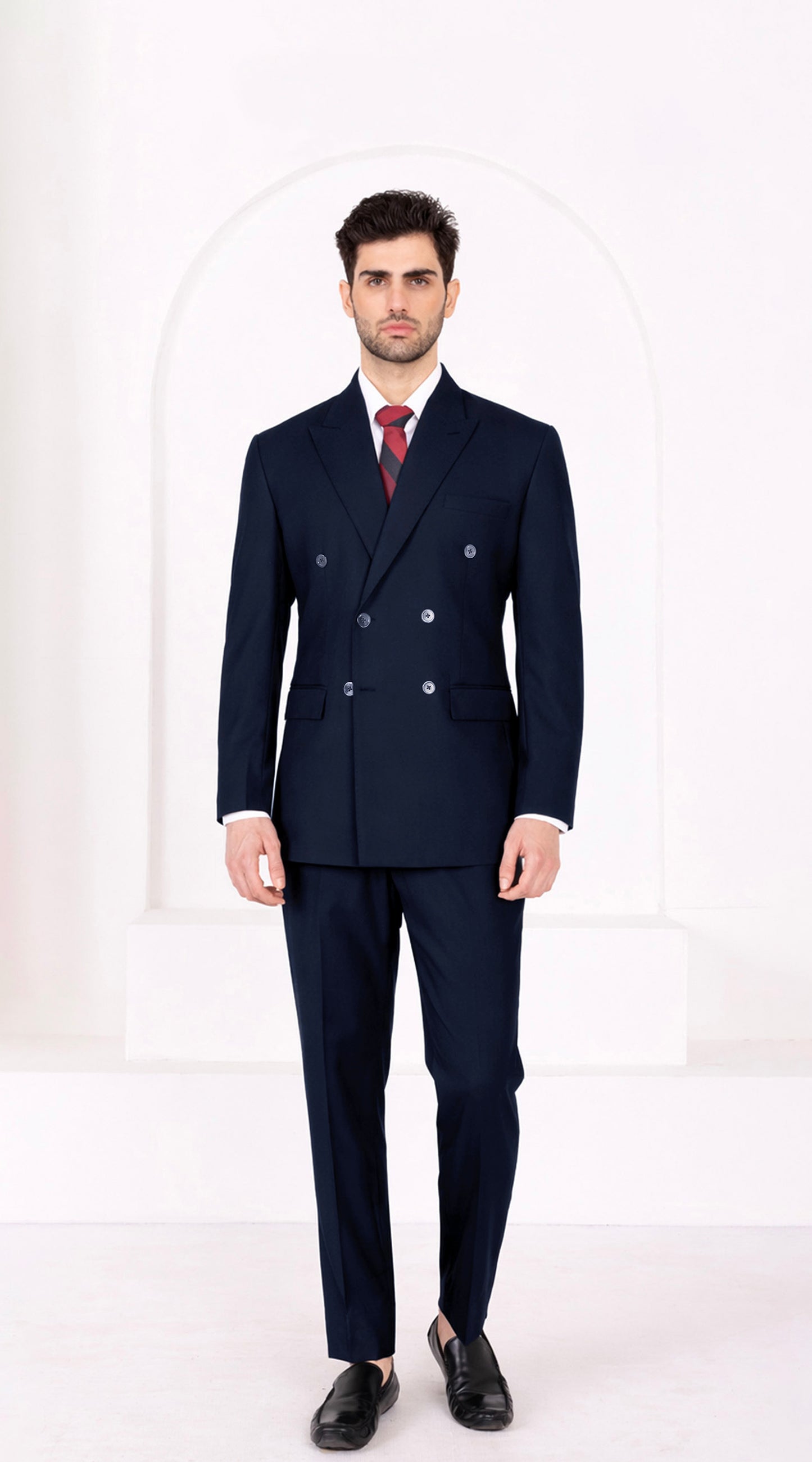 Firefly Blue Worsted Wool 4 Way Stretch Wrinkle Free Fluid Drape Fabric Double Breasted Suit
