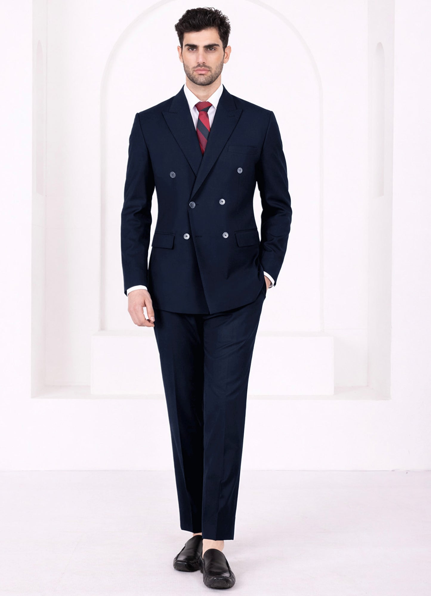 Firefly Blue Worsted Wool 4 Way Stretch Wrinkle Free Fluid Drape Fabric Double Breasted Suit