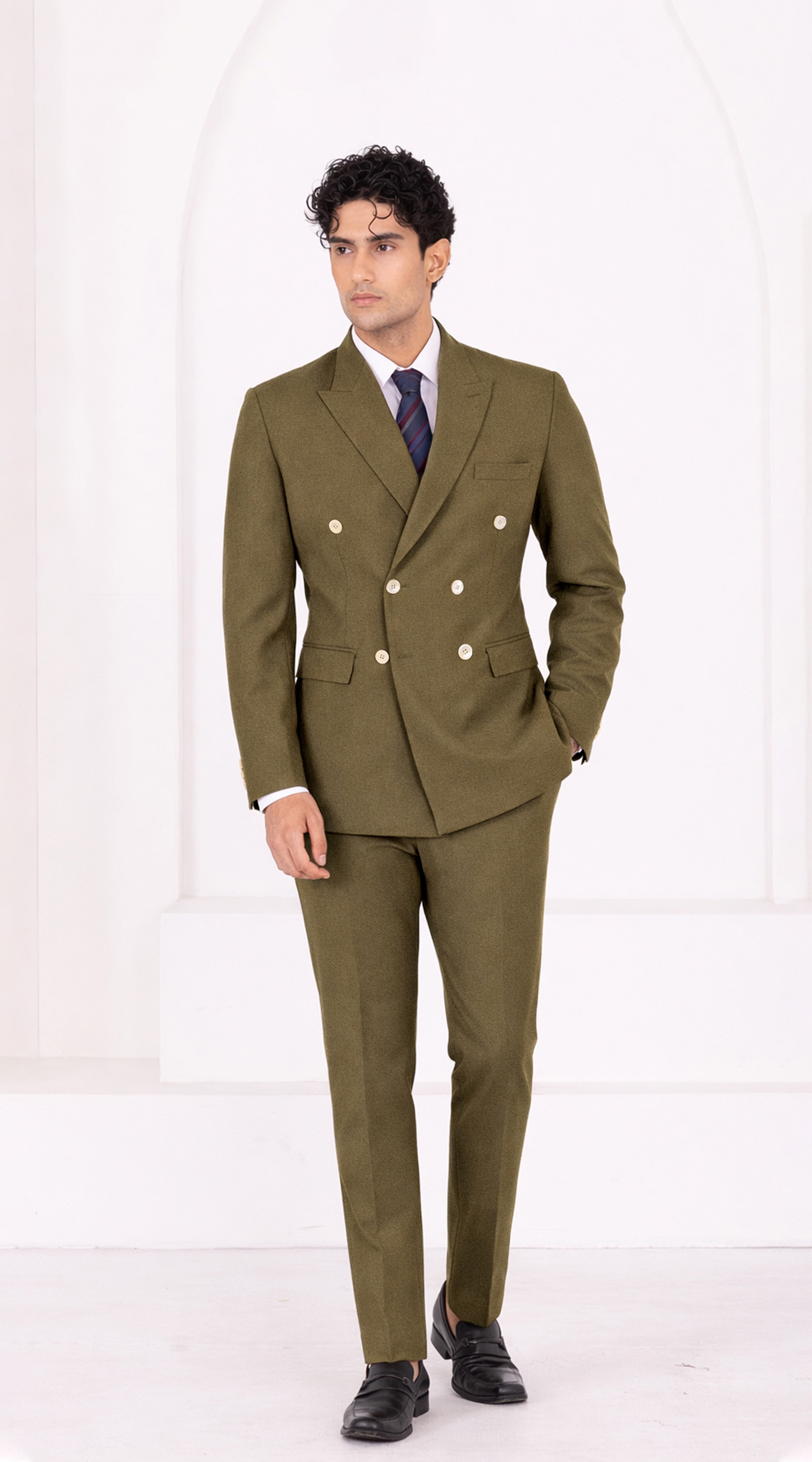 Tortilla Brown Worsted Wool 4 Way Stretch Wrinkle Free Fluid Drape Fabric Double Breasted Suit