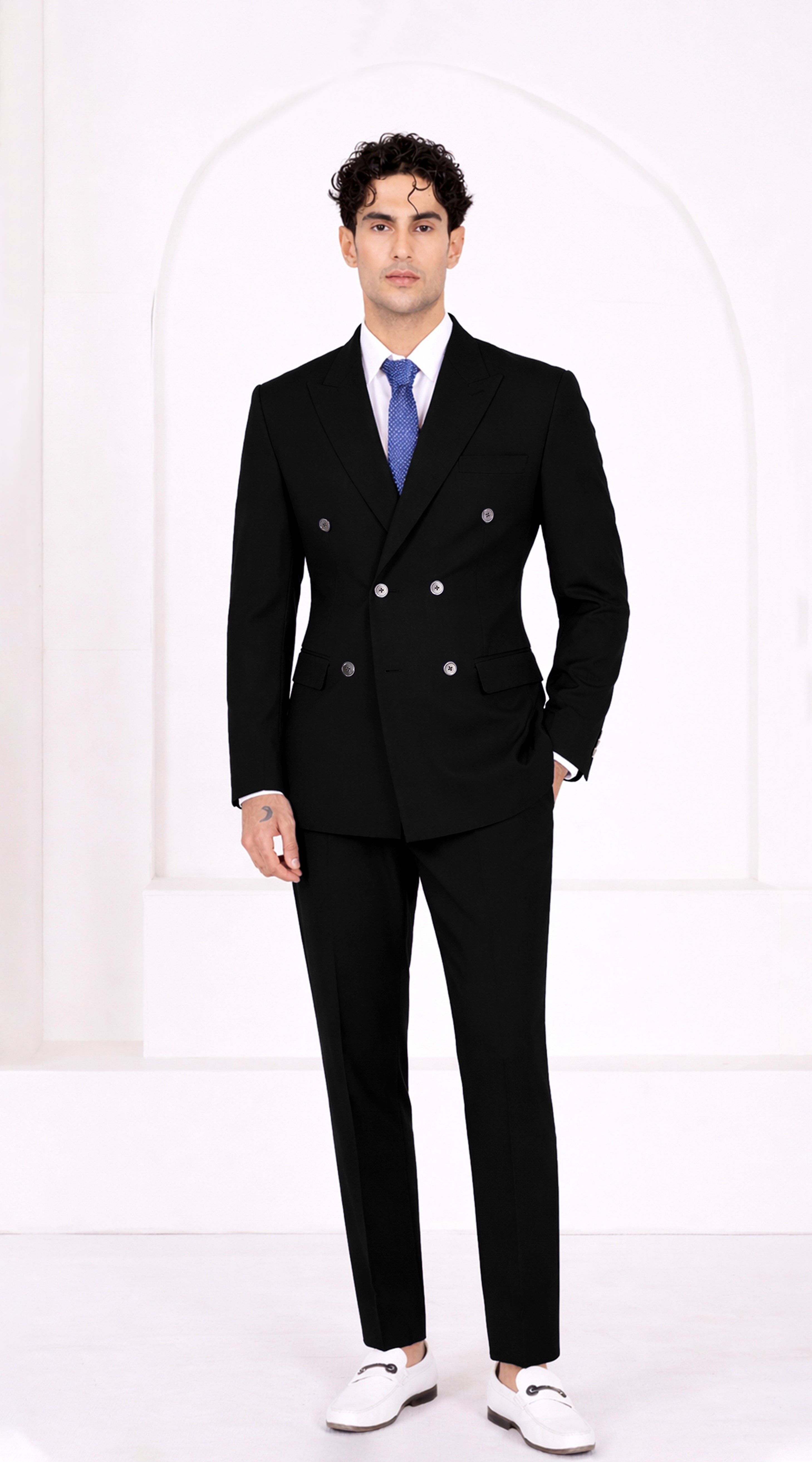 Jade Black Subtle Sheen Wool Rich Stretchable traveler Double Breasted Suit