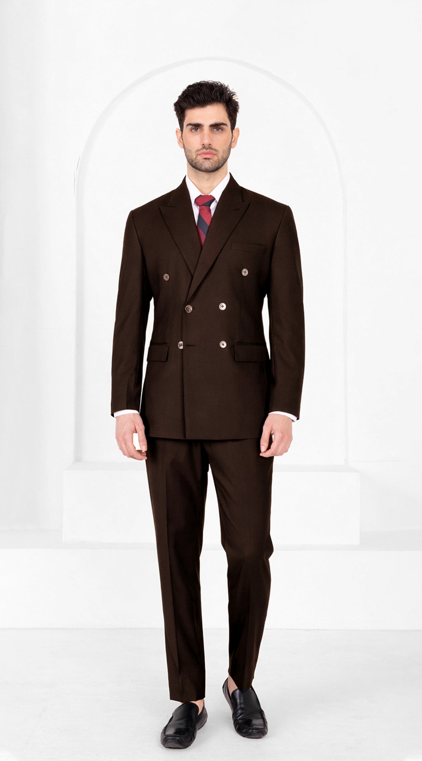 Cocoa Brown Worsted Wool 4 Way Stretch Wrinkle Free Fluid Drape Fabric Double Breasted Suit