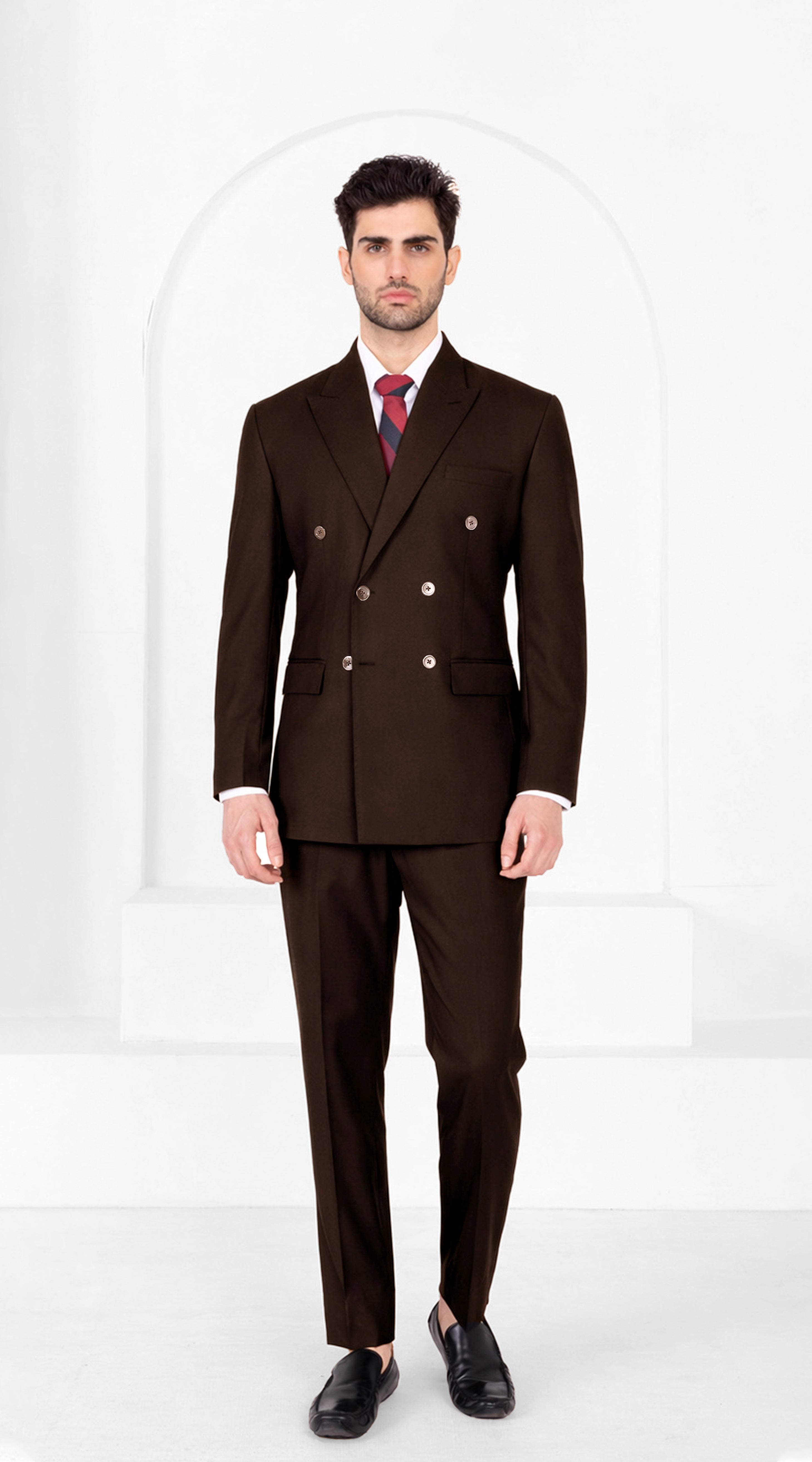 Cocoa Brown Worsted Wool 4 Way Stretch Wrinkle Free Fluid Drape Fabric Double Breasted Suit