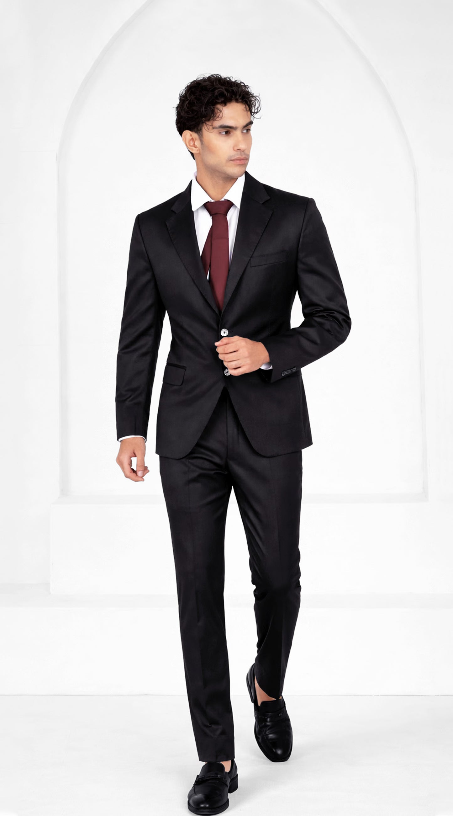 Jade Black Worsted Wool 4 Way Stretch Wrinkle Free Fluid Drape Fabric Single Breasted Suit