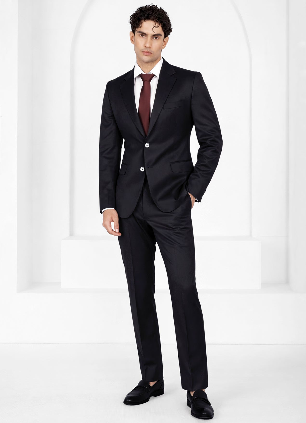 Jade Black Worsted Wool 4 Way Stretch Wrinkle Free Fluid Drape Fabric Single Breasted Suit