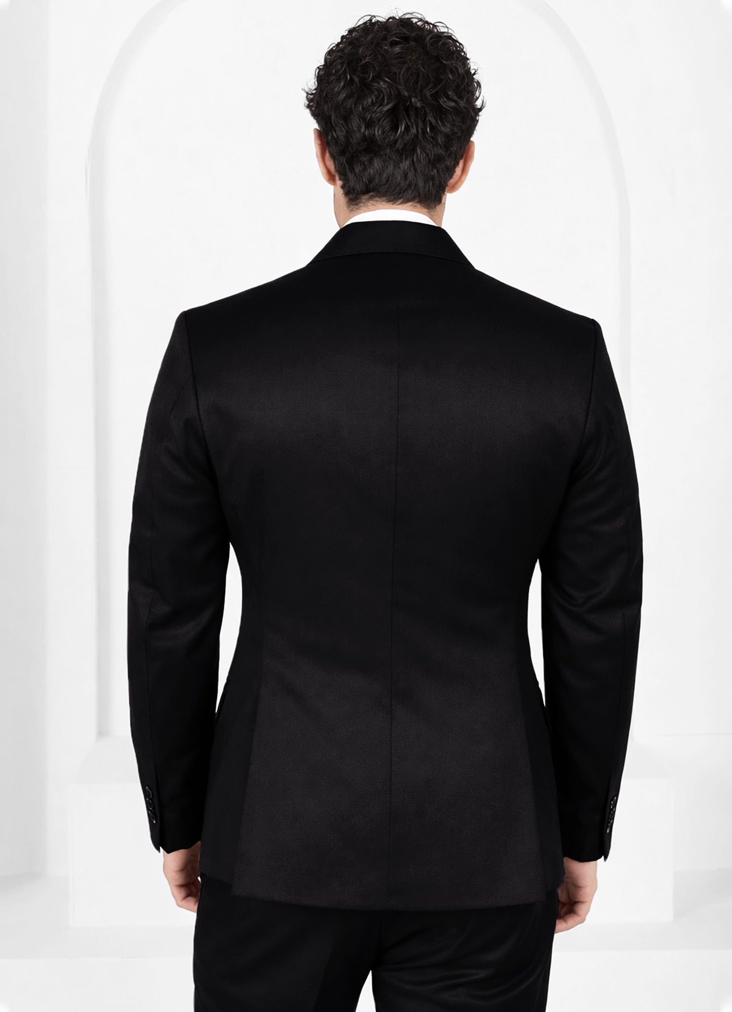 Jade Black Worsted Wool 4 Way Stretch Wrinkle Free Fluid Drape Fabric Single Breasted Suit