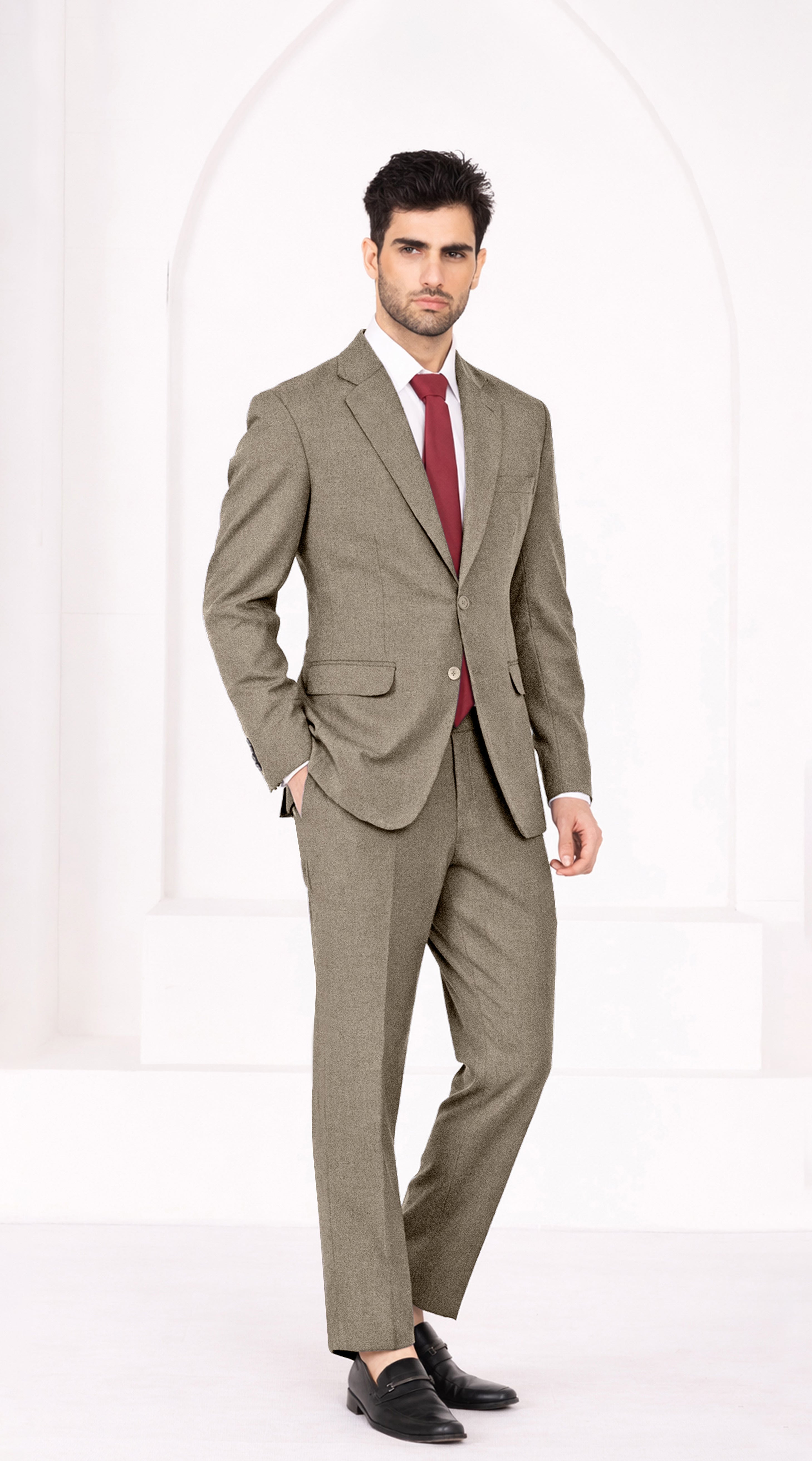 Makara Brown Worsted Wool 4 Way Stretch Wrinkle Free Fluid Drape Fabric Single Breasted Suit
