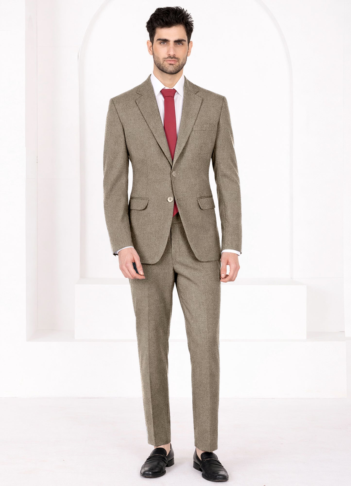 Makara Brown Worsted Wool 4 Way Stretch Wrinkle Free Fluid Drape Fabric Single Breasted Suit