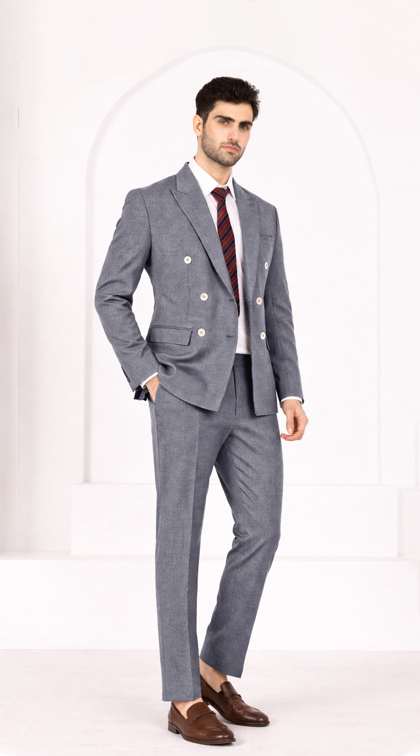 Carbon Gray Worsted Wool 4 Way Stretch Wrinkle Free Fluid Drape Fabric Double Breasted Suit