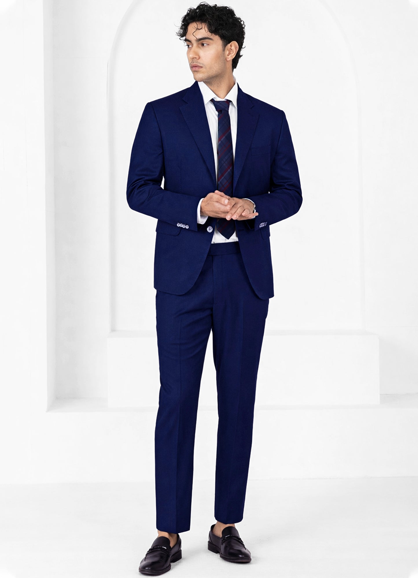 Sapphire Blue Worsted Wool 4 Way Stretch Wrinkle Free Fluid Drape Fabric Single Breasted Suit