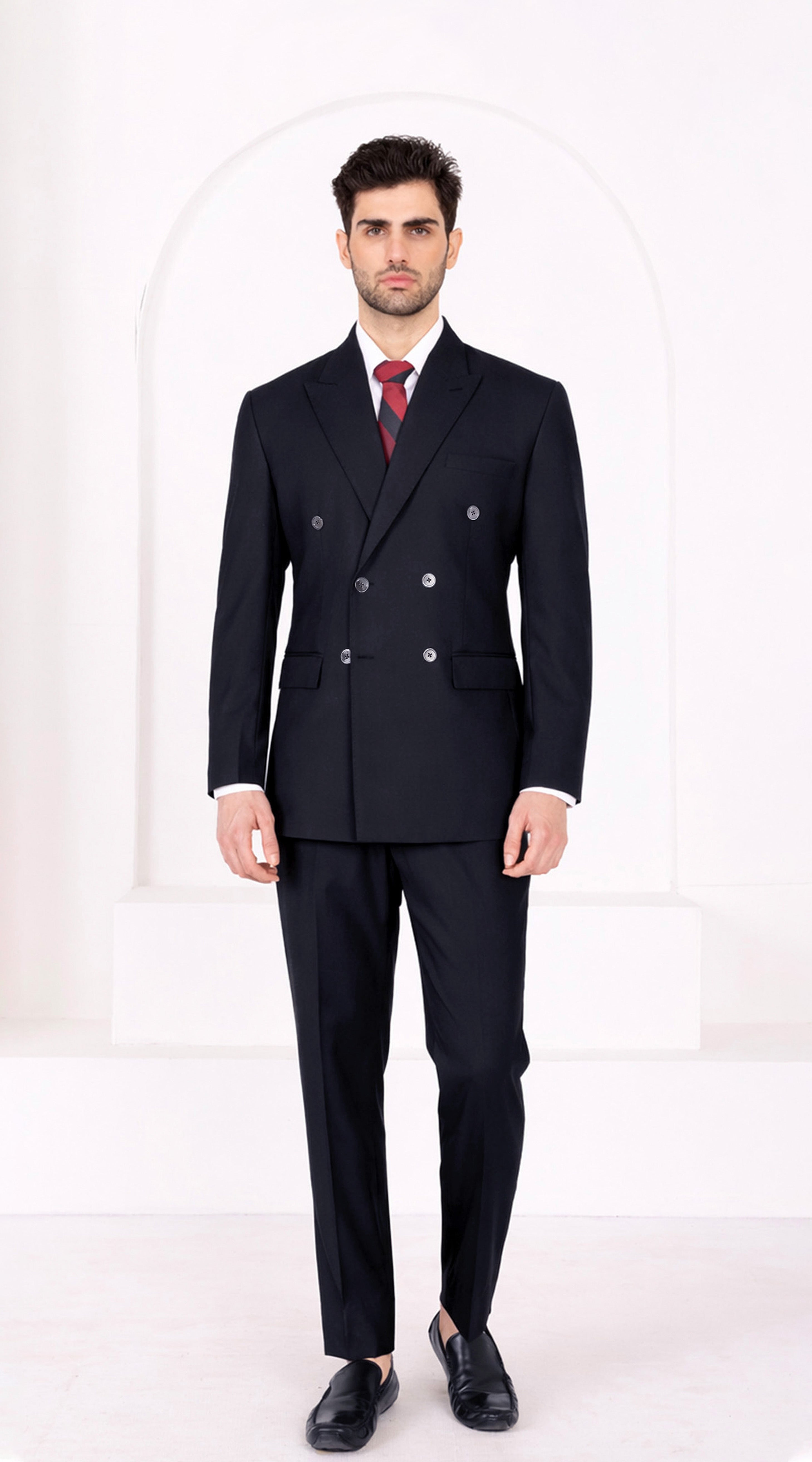 Zeus Blue Worsted Wool 4 Way Stretch Wrinkle Free Fluid Drape Fabric Double Breasted Suit