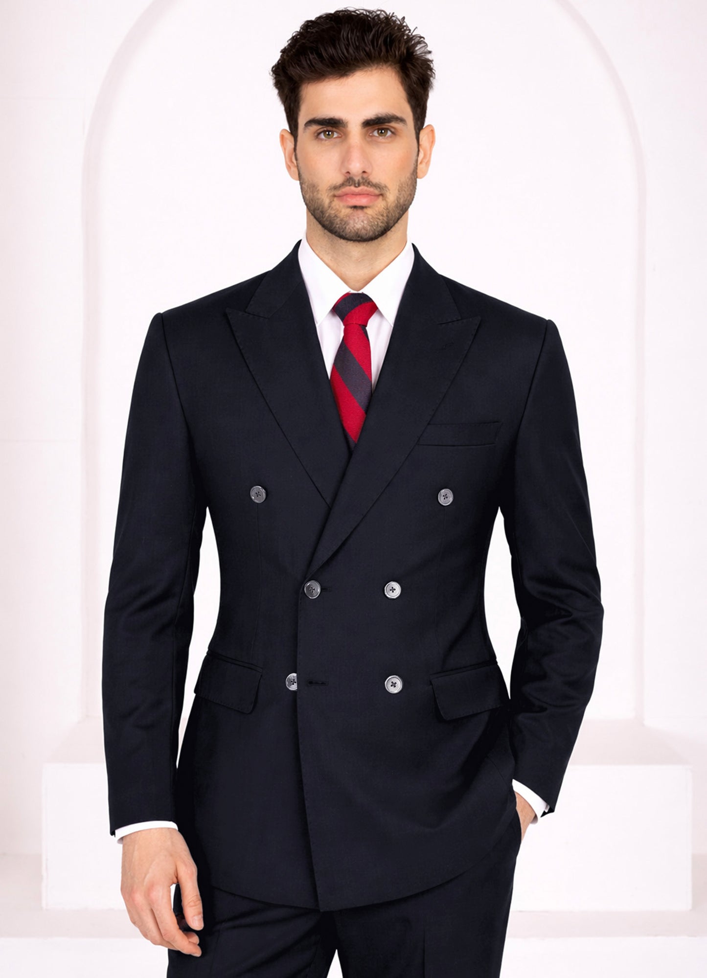Zeus Blue Worsted Wool 4 Way Stretch Wrinkle Free Fluid Drape Fabric Double Breasted Suit