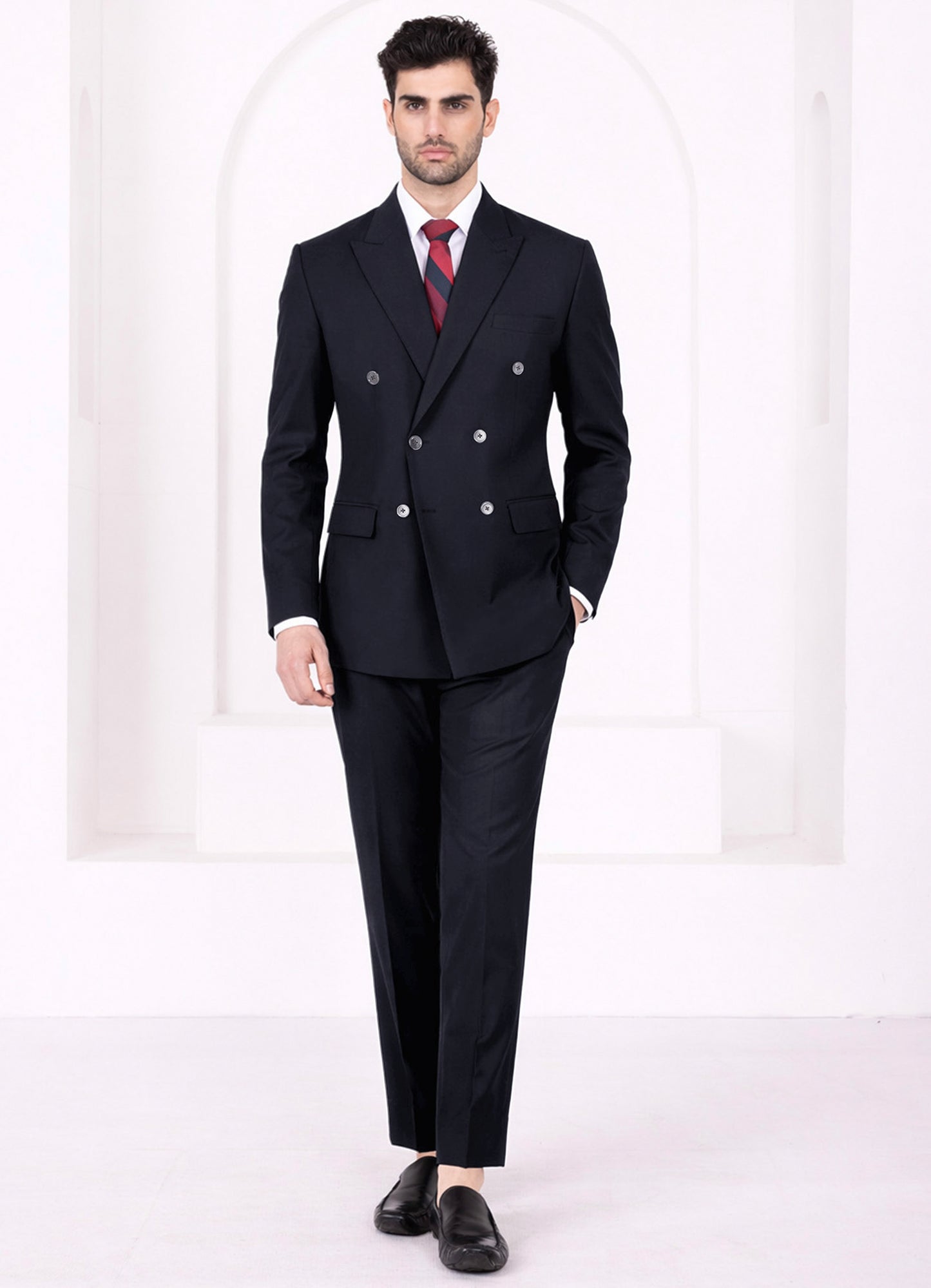 Zeus Blue Worsted Wool 4 Way Stretch Wrinkle Free Fluid Drape Fabric Double Breasted Suit