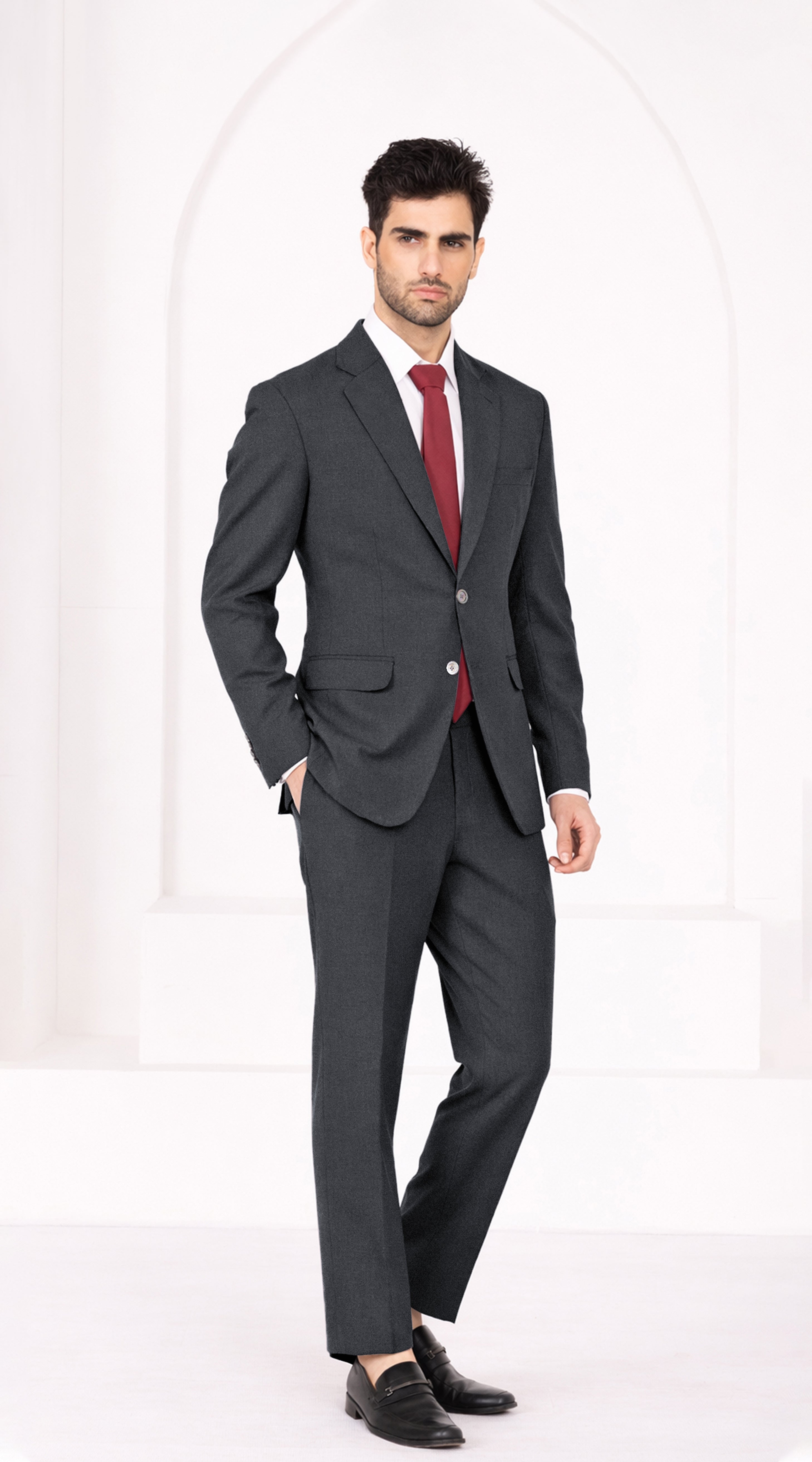 Charcoal Gray Worsted Wool 4 Way Stretch Wrinkle Free Fluid Drape Fabric Single Breasted Suit