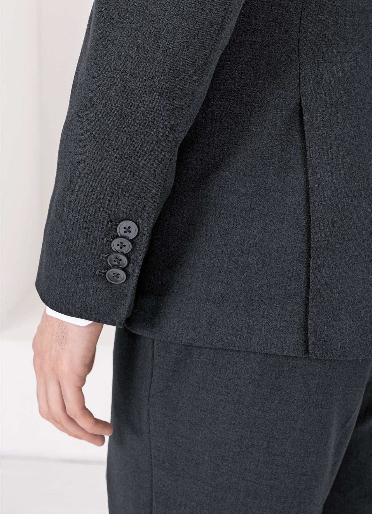 Charcoal Gray Worsted Wool 4 Way Stretch Wrinkle Free Fluid Drape Fabric Single Breasted Suit