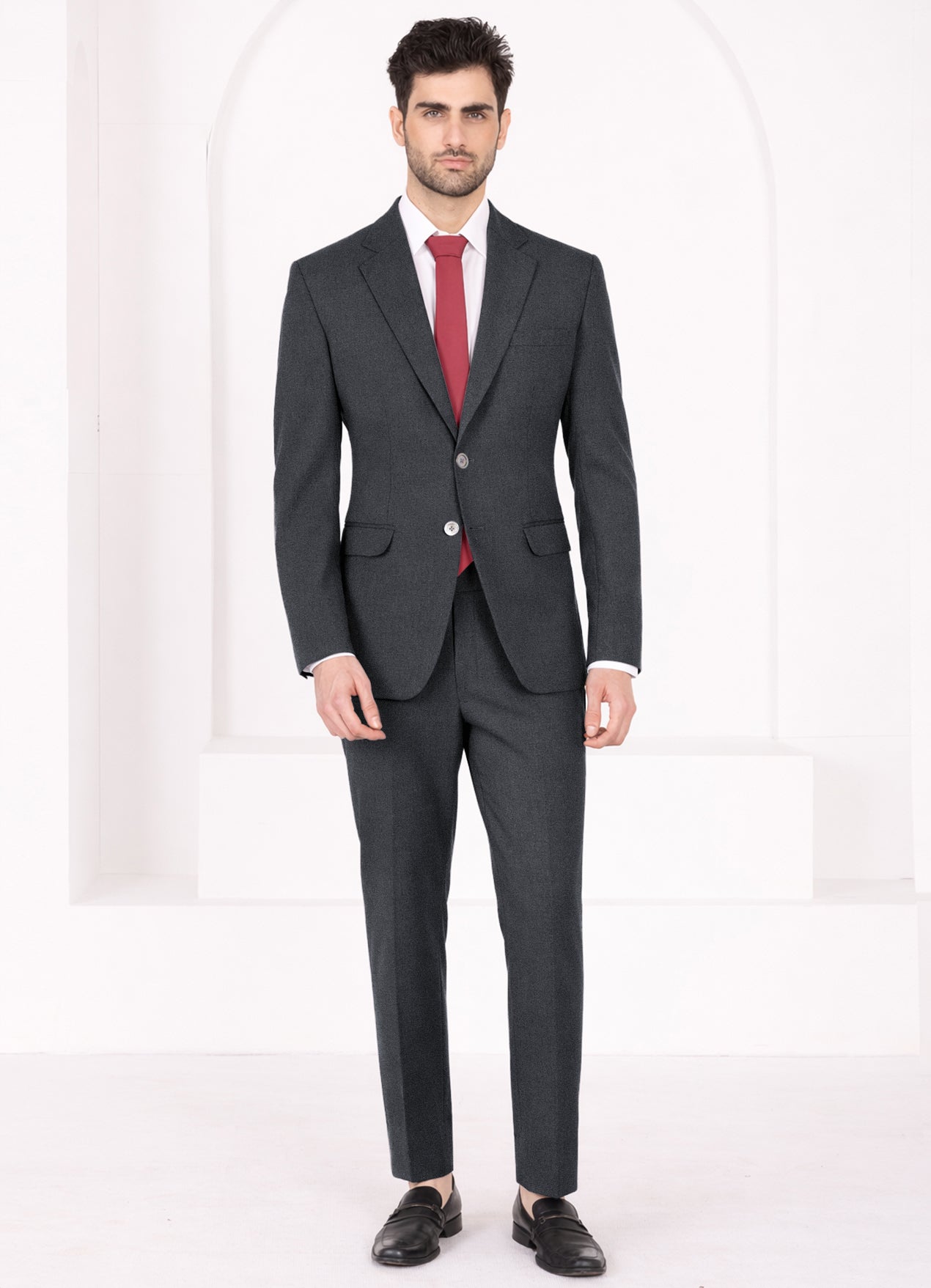 Charcoal Gray Worsted Wool 4 Way Stretch Wrinkle Free Fluid Drape Fabric Single Breasted Suit