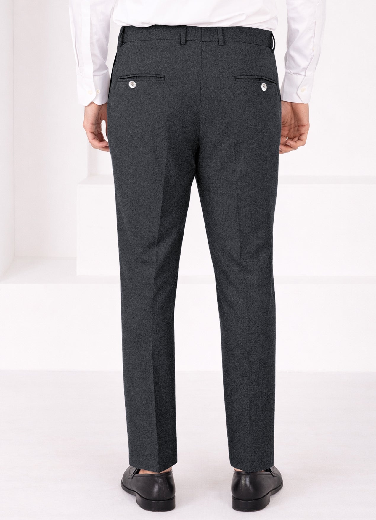 Charcoal Gray Worsted Wool 4 Way Stretch Wrinkle Free Fluid Drape Fabric Single Breasted Suit