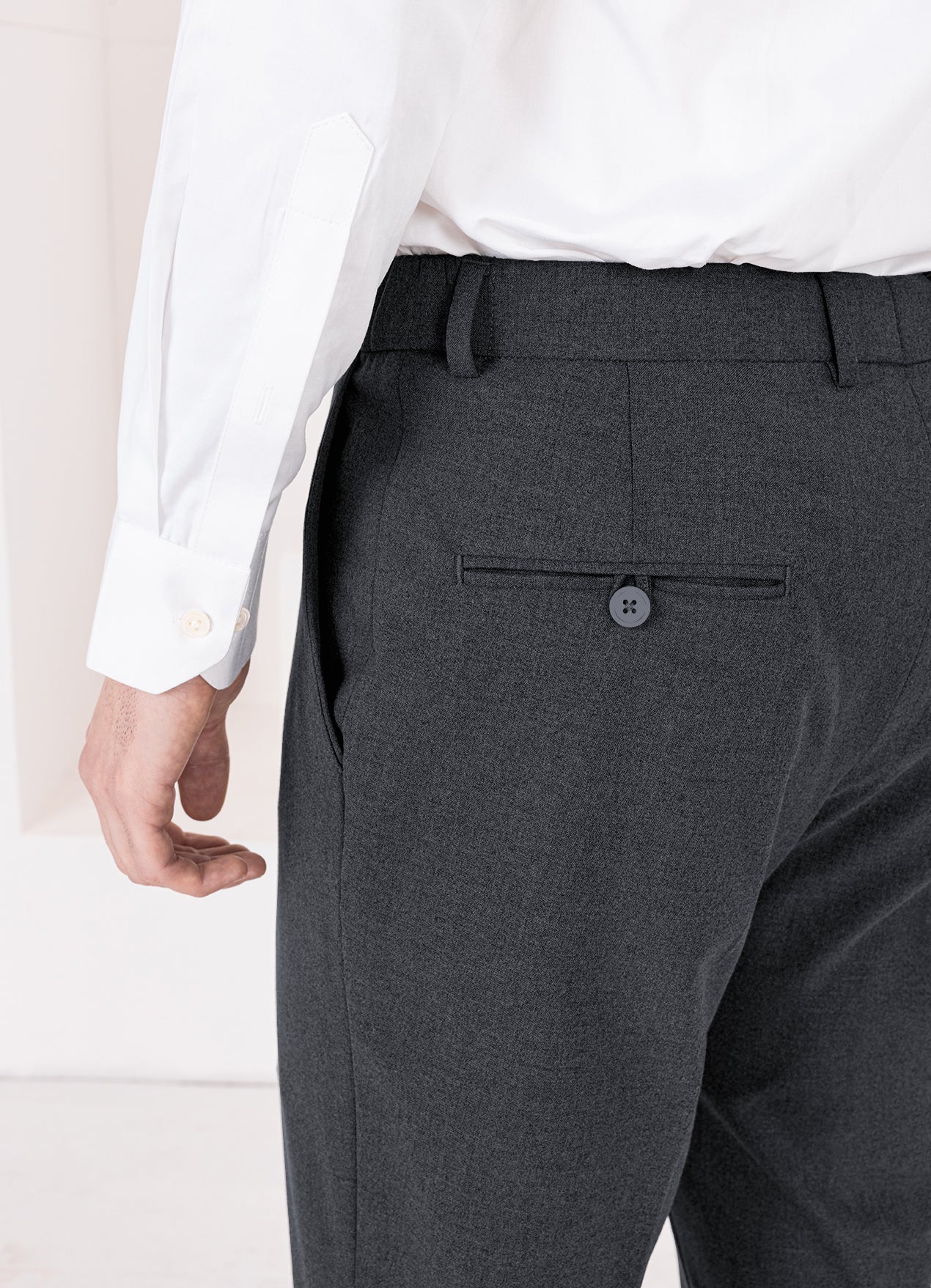 Charcoal Gray Worsted Wool 4 Way Stretch Wrinkle Free Fluid Drape Fabric Single Breasted Suit