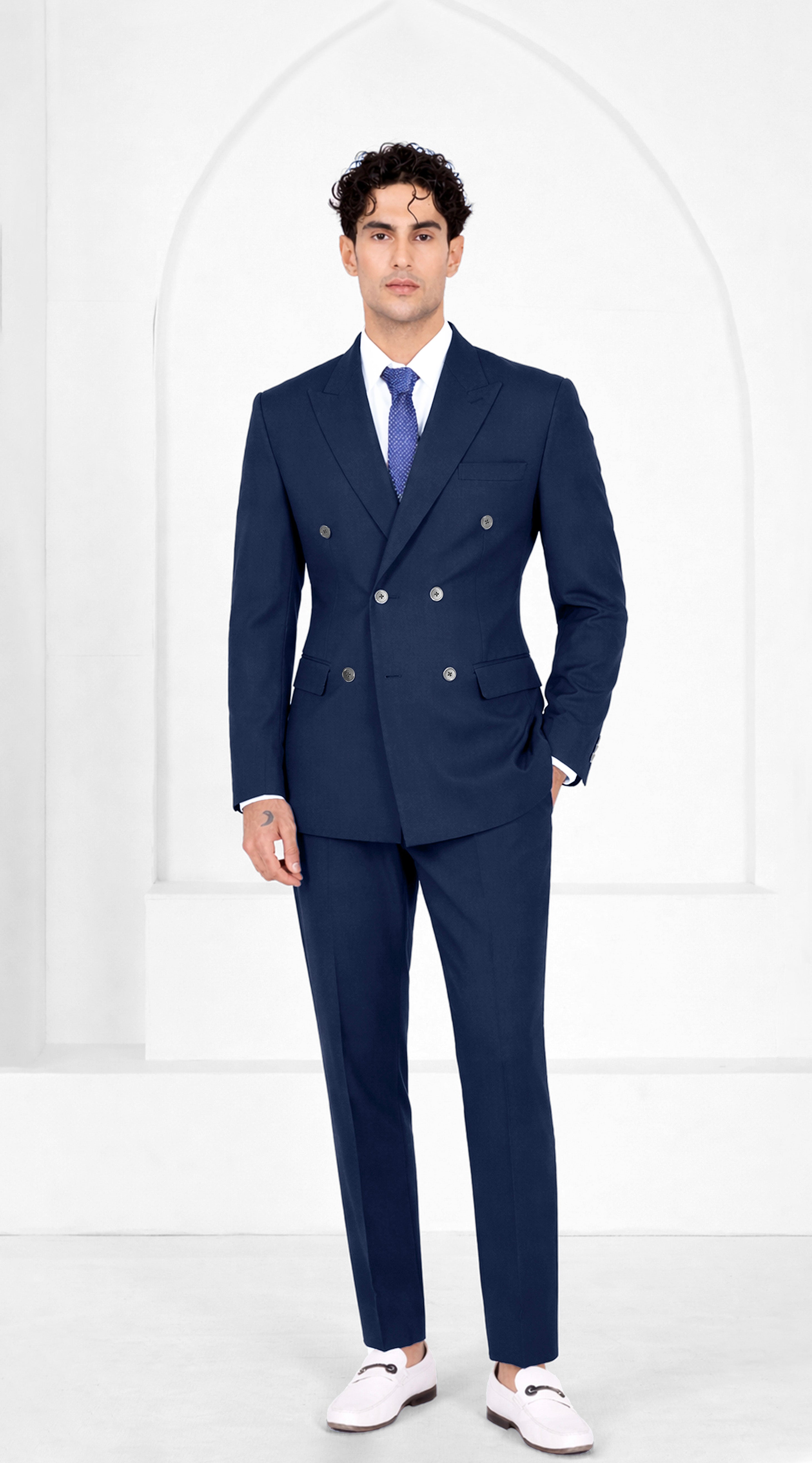Mirage Blue Worsted Wool 4 Way Stretch Wrinkle Free Fluid Drape Fabric Double Breasted Suit
