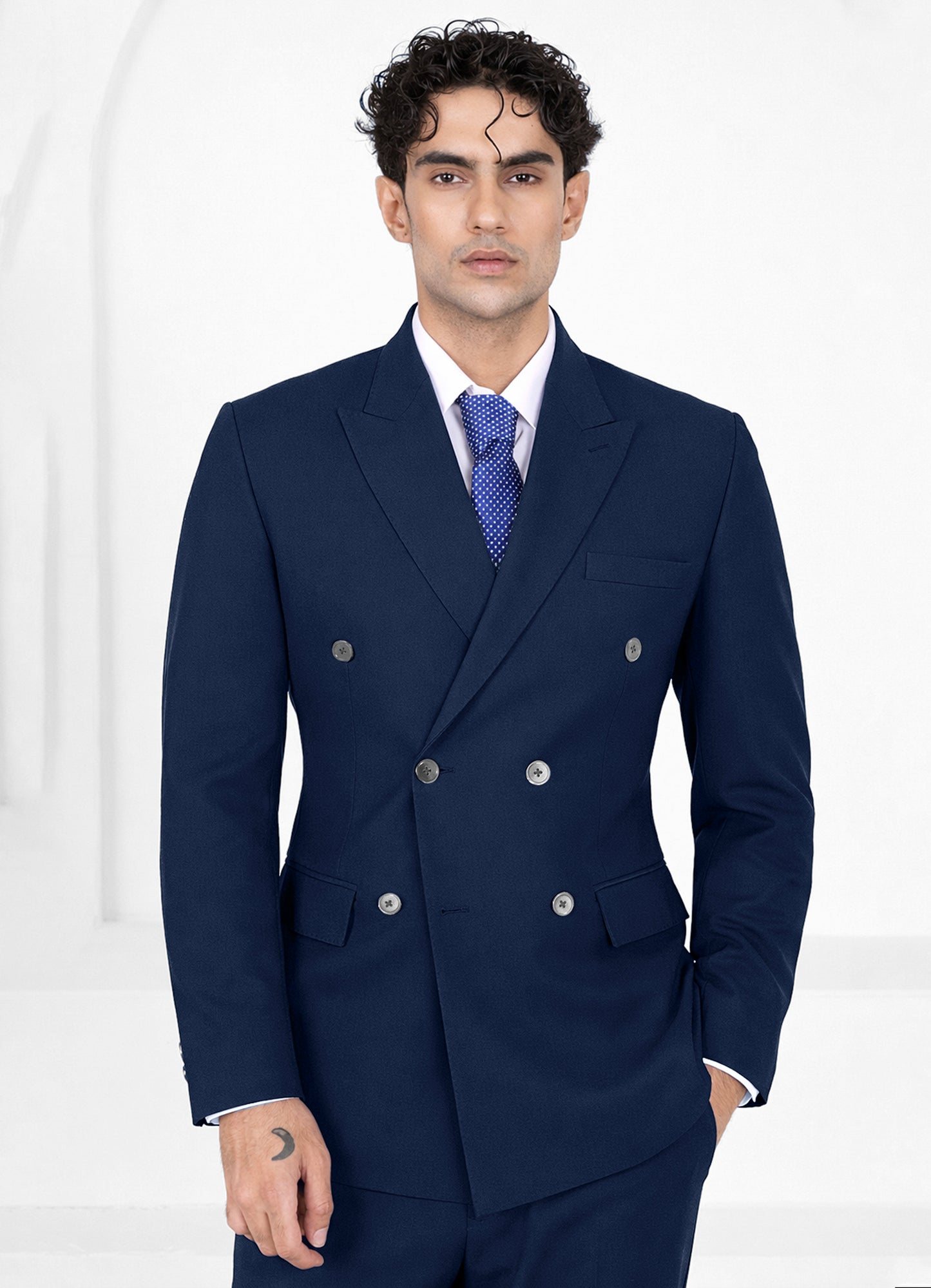 Mirage Blue Worsted Wool 4 Way Stretch Wrinkle Free Fluid Drape Fabric Double Breasted Suit