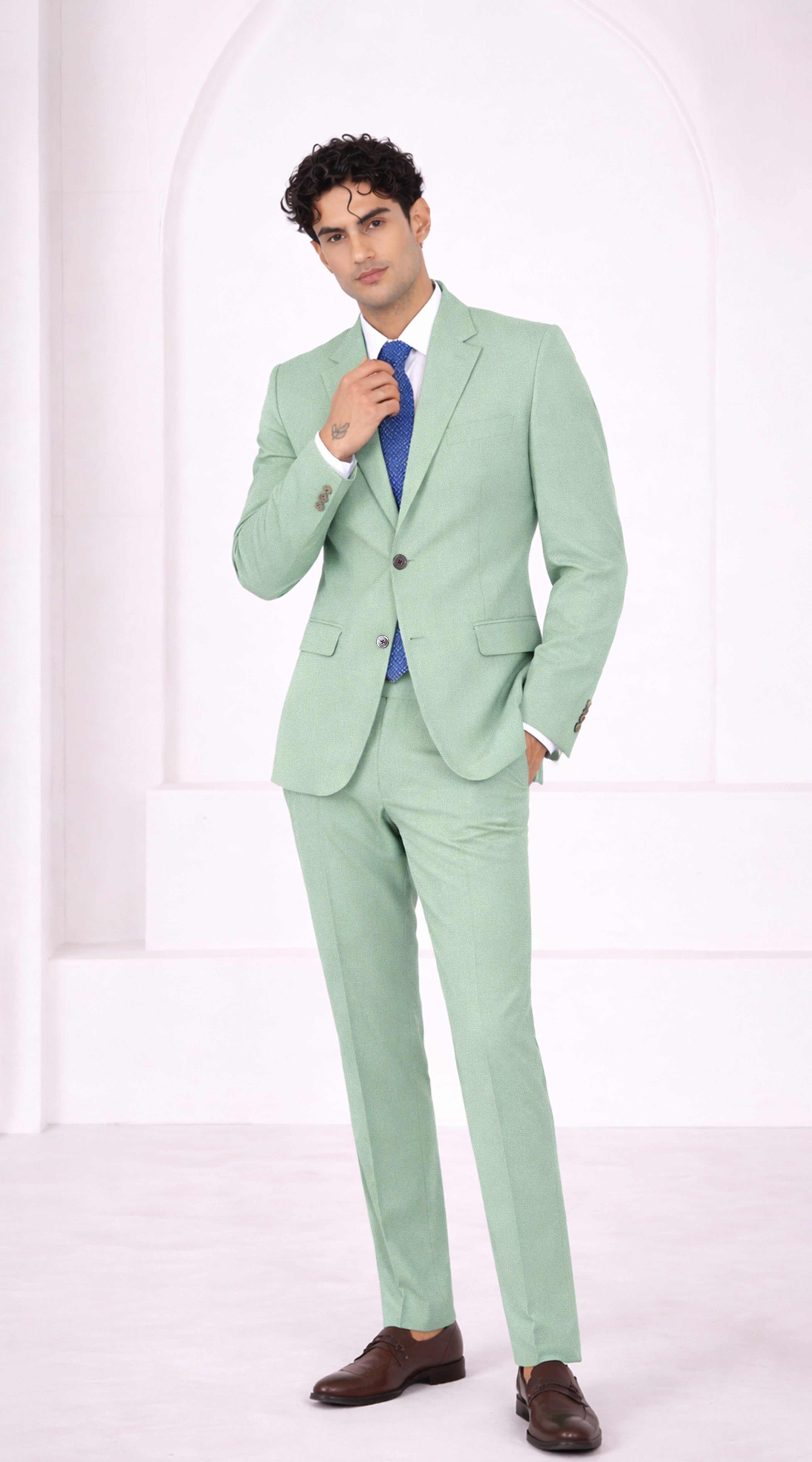 Surf Green Worsted Wool 4 Way Stretch Wrinkle Free Fluid Drape Fabric Single Breasted Suit