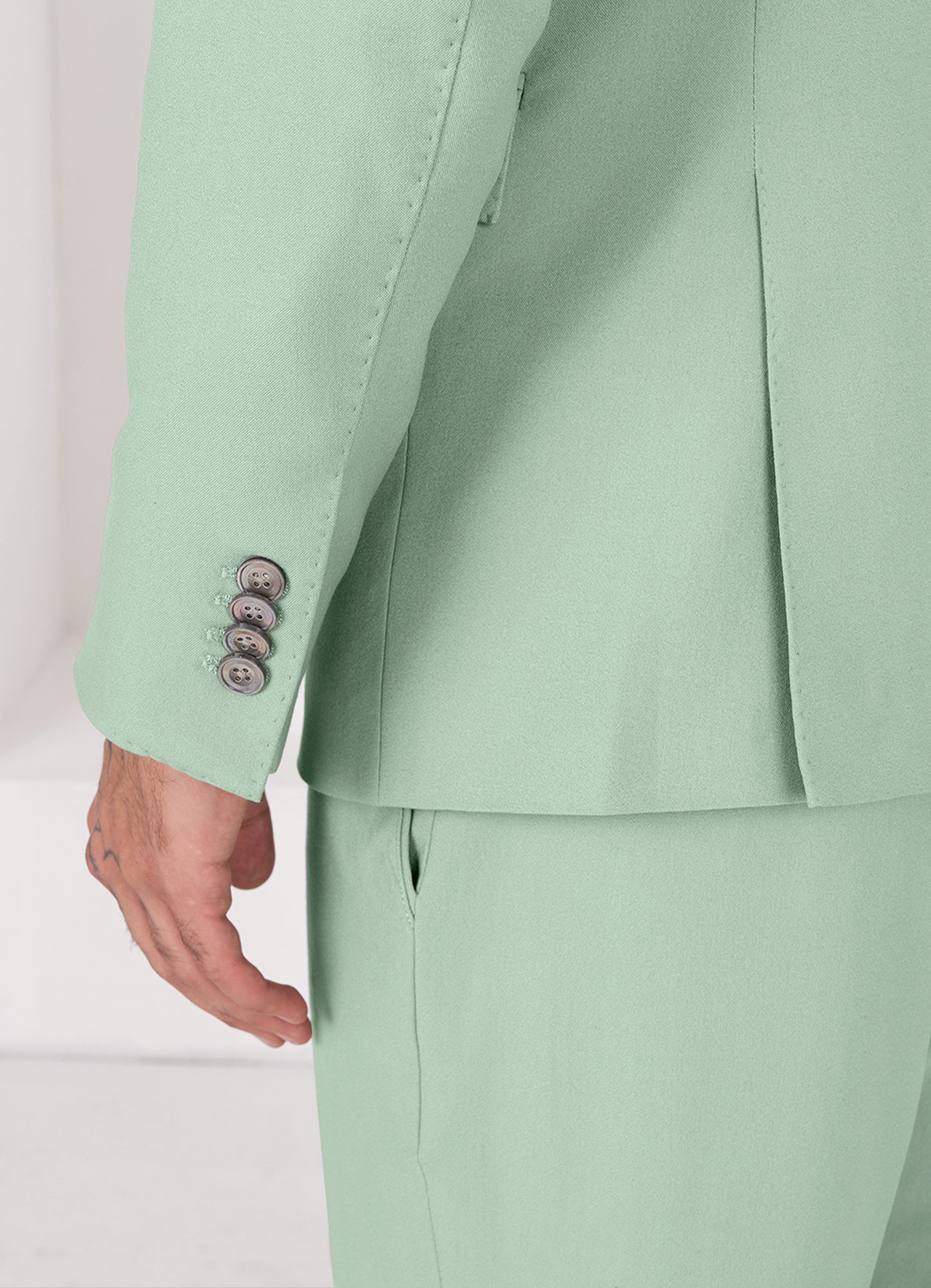 Surf Green Worsted Wool 4 Way Stretch Wrinkle Free Fluid Drape Fabric Single Breasted Suit