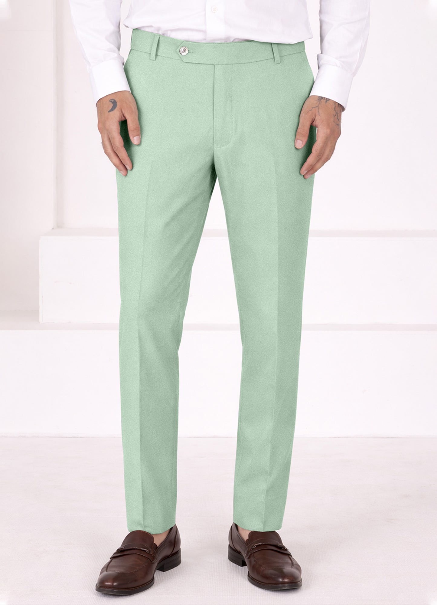 Surf Green Worsted Wool 4 Way Stretch Wrinkle Free Fluid Drape Fabric Single Breasted Suit