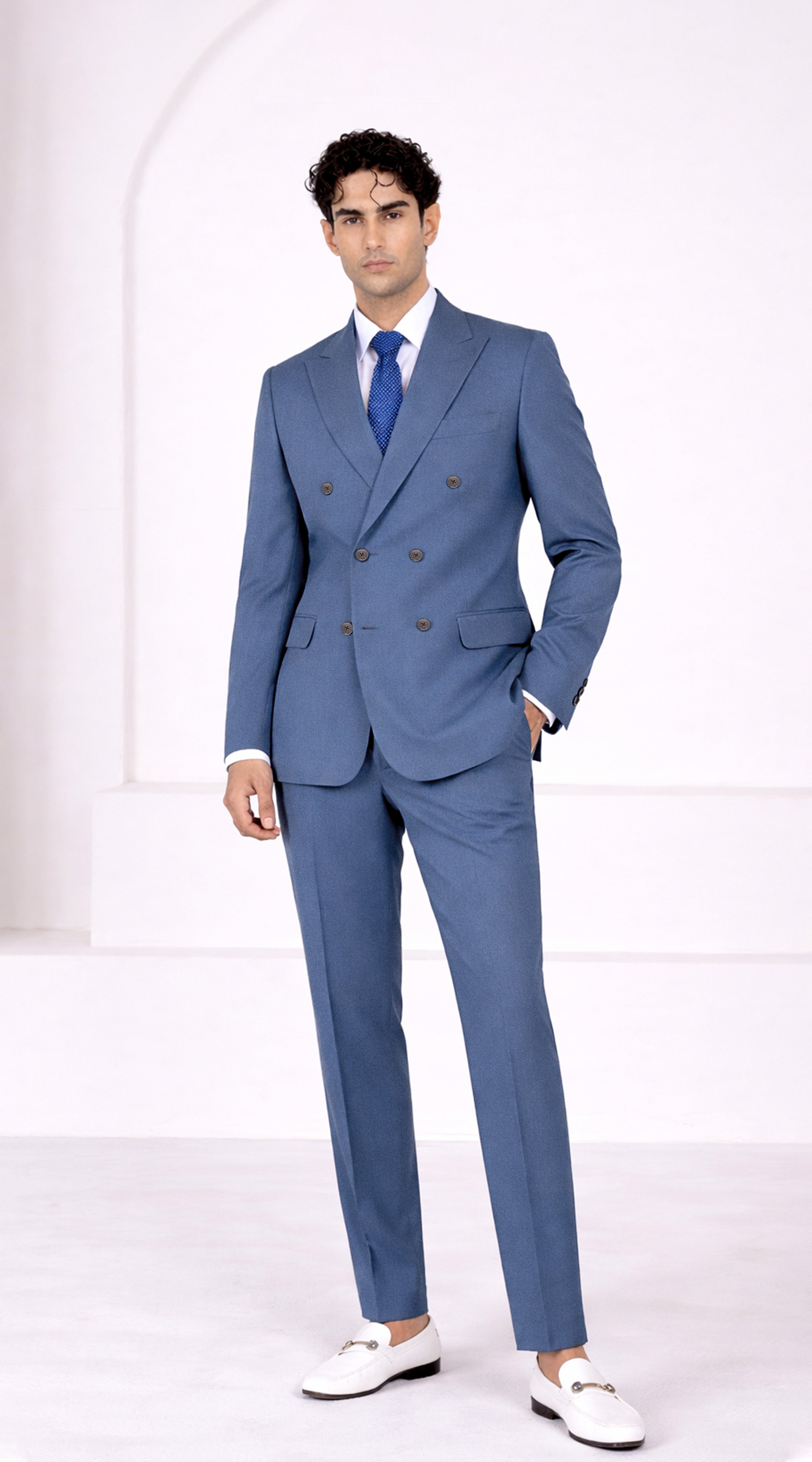 Marble Blue Worsted Wool 4 Way Stretch Wrinkle Free Fluid Drape Fabric Double Breasted Suit