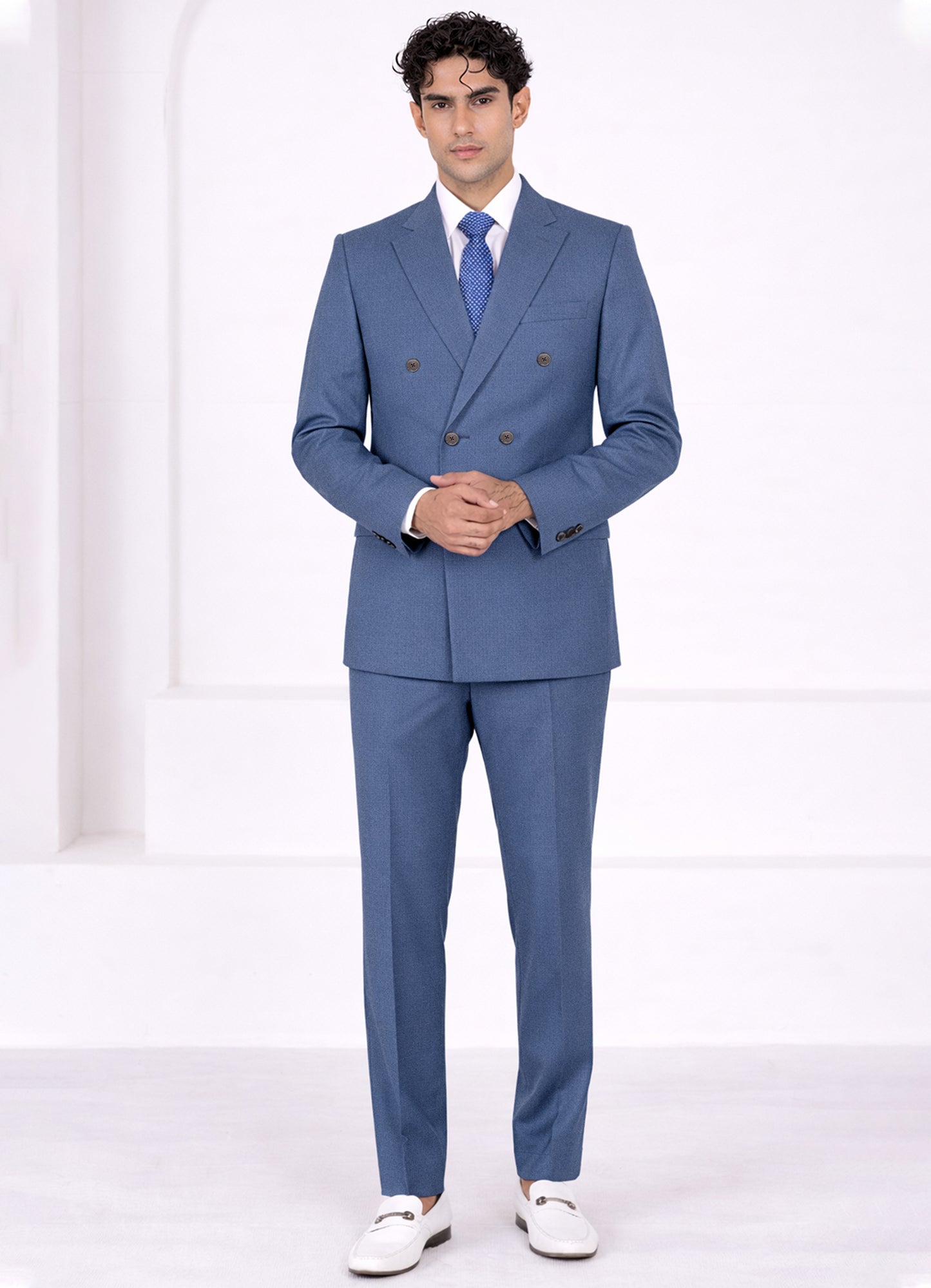 Marble Blue Worsted Wool 4 Way Stretch Wrinkle Free Fluid Drape Fabric Double Breasted Suit
