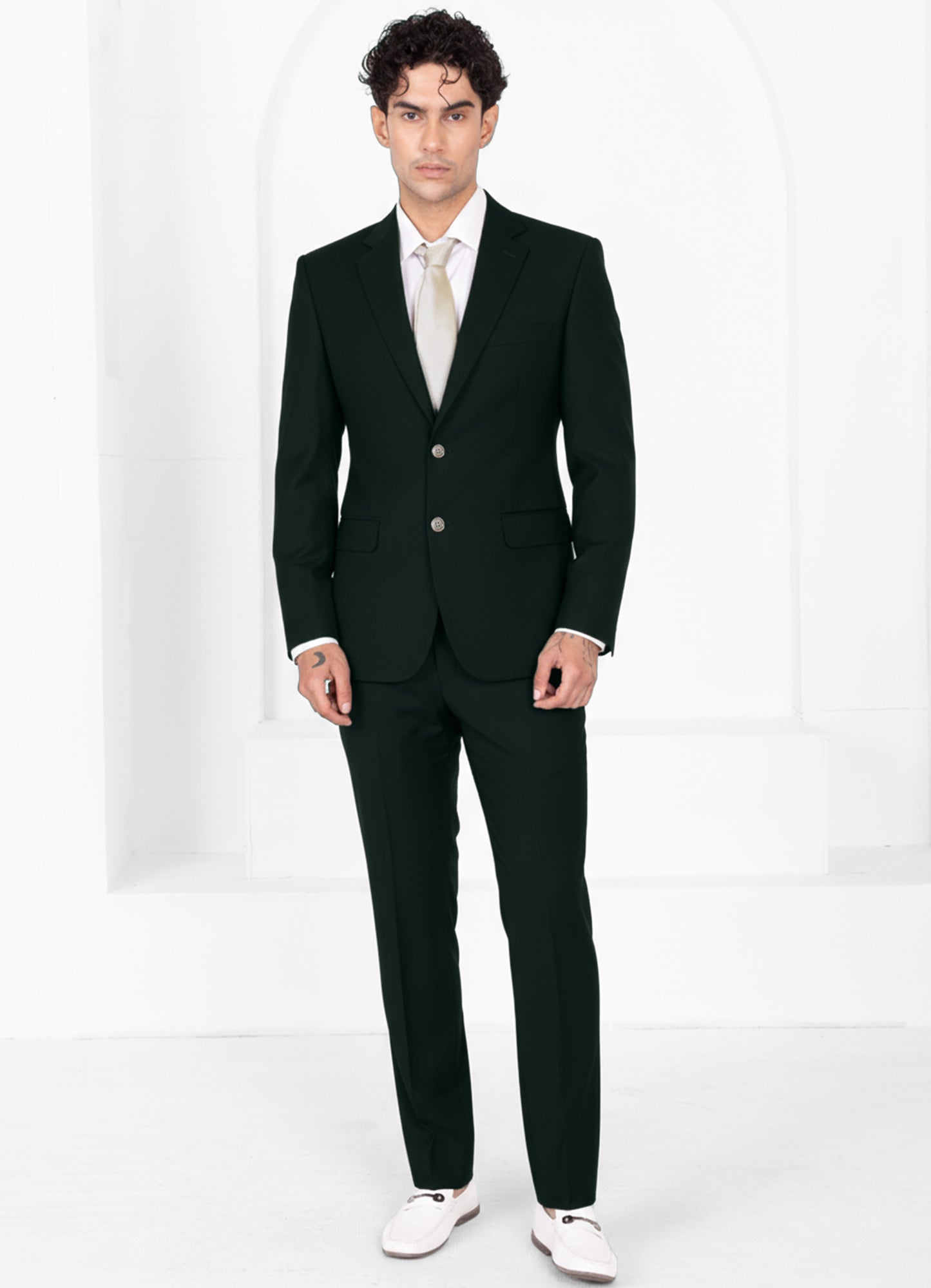 Racing Green Worsted Wool 4 Way Stretch Wrinkle Free Fluid Drape Fabric Single Breasted Suit