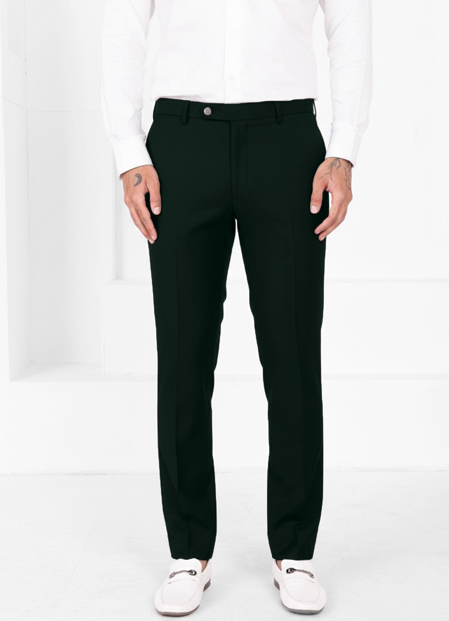 Racing Green Worsted Wool 4 Way Stretch Wrinkle Free Fluid Drape Fabric Single Breasted Suit