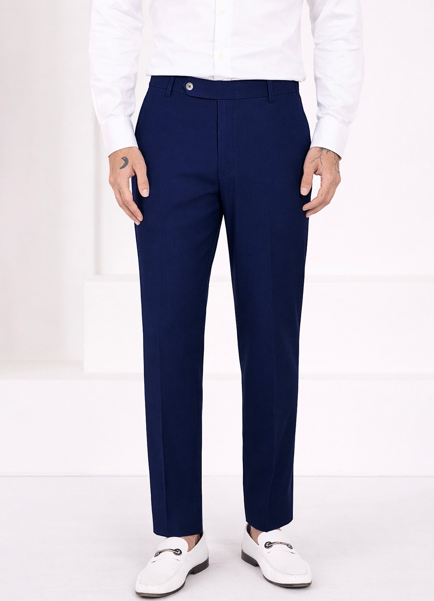 Sapphire Blue Worsted Wool 4 Way Stretch Wrinkle Free Fluid Drape Fabric Stretchable Waistband Pant
