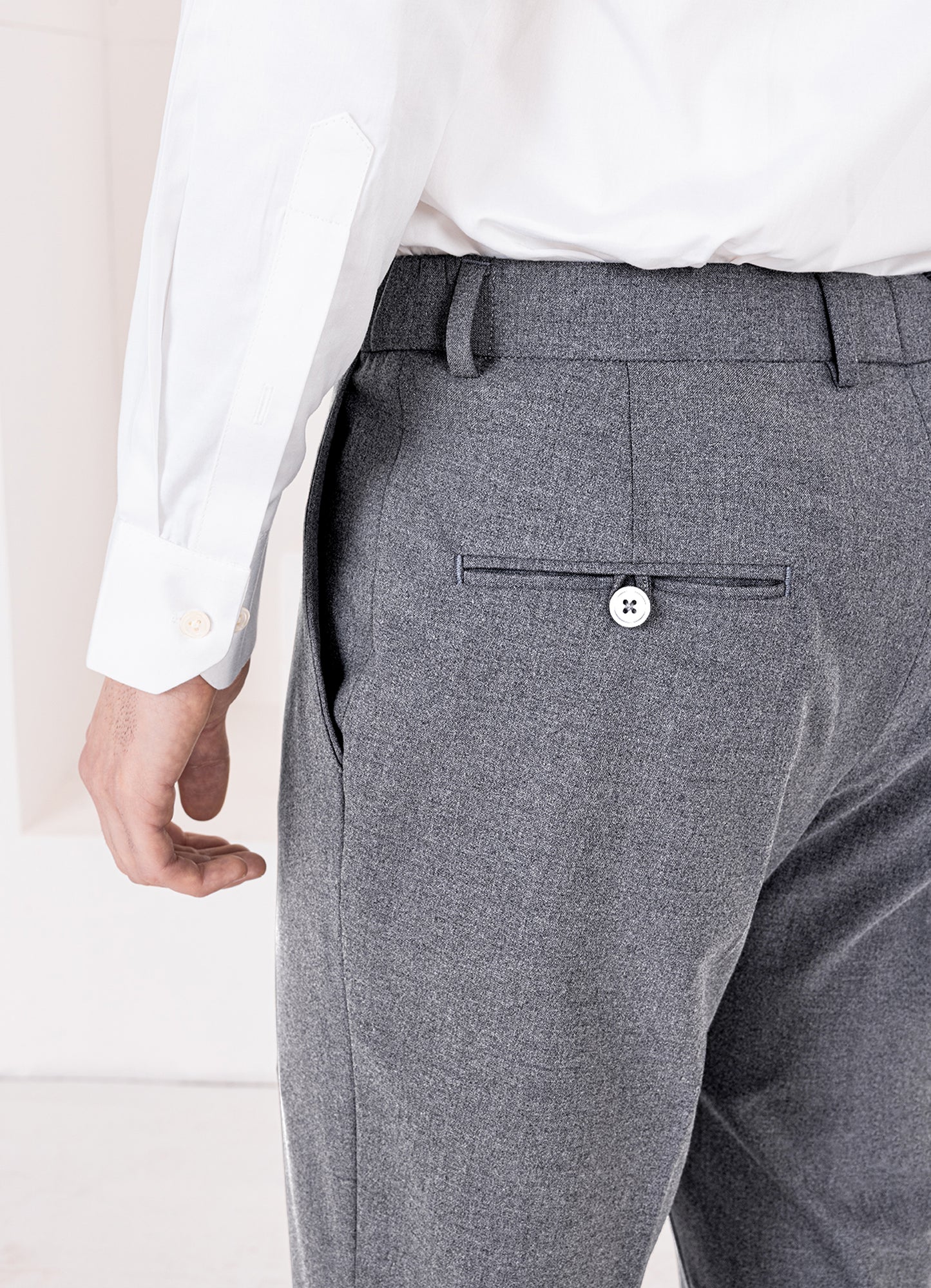 Carbon Gray Worsted Wool 4 Way Stretch Wrinkle Free Fluid Drape Fabric Stretchable Waistband Pant