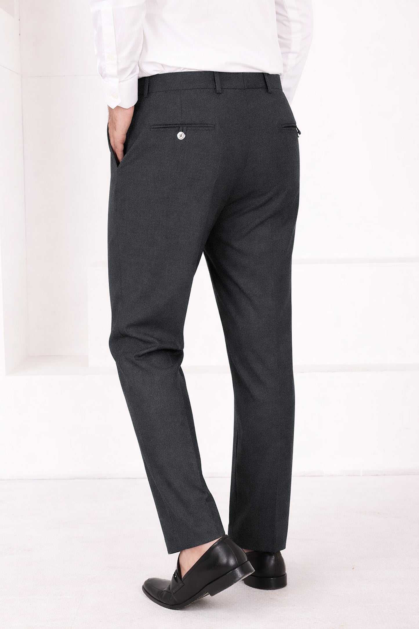 Charcoal Gray Worsted Wool 4 Way Stretch Wrinkle Free Fluid Drape Fabric Stretchable Waistband Pant