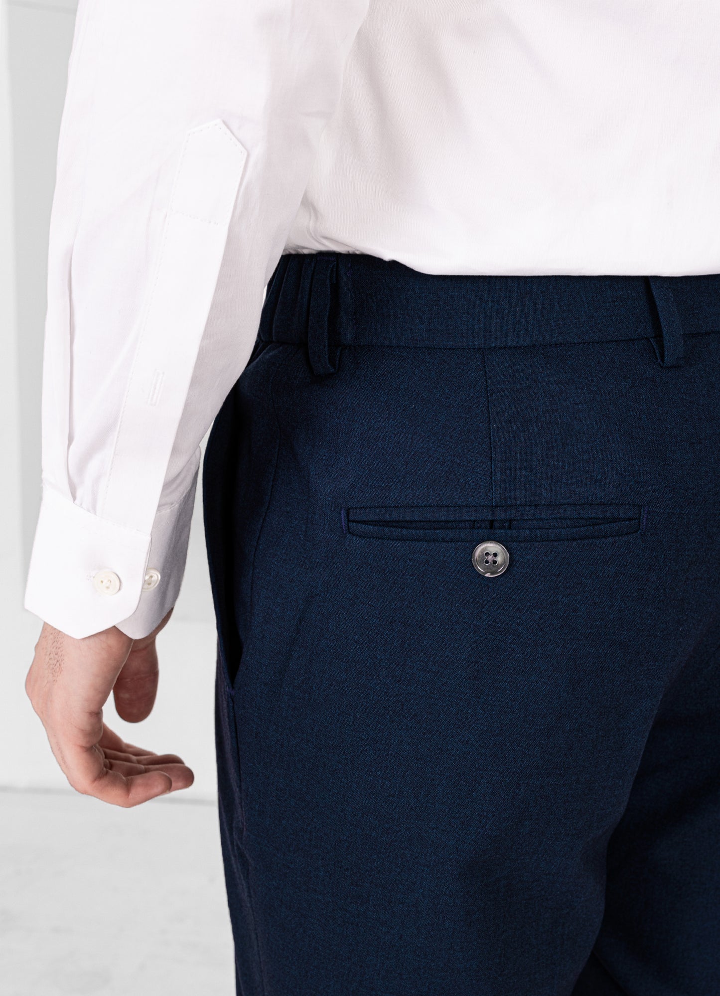 Mirage Blue Worsted Wool 4 Way Stretch Wrinkle Free Fluid Drape Fabric Stretchable Waistband Pant